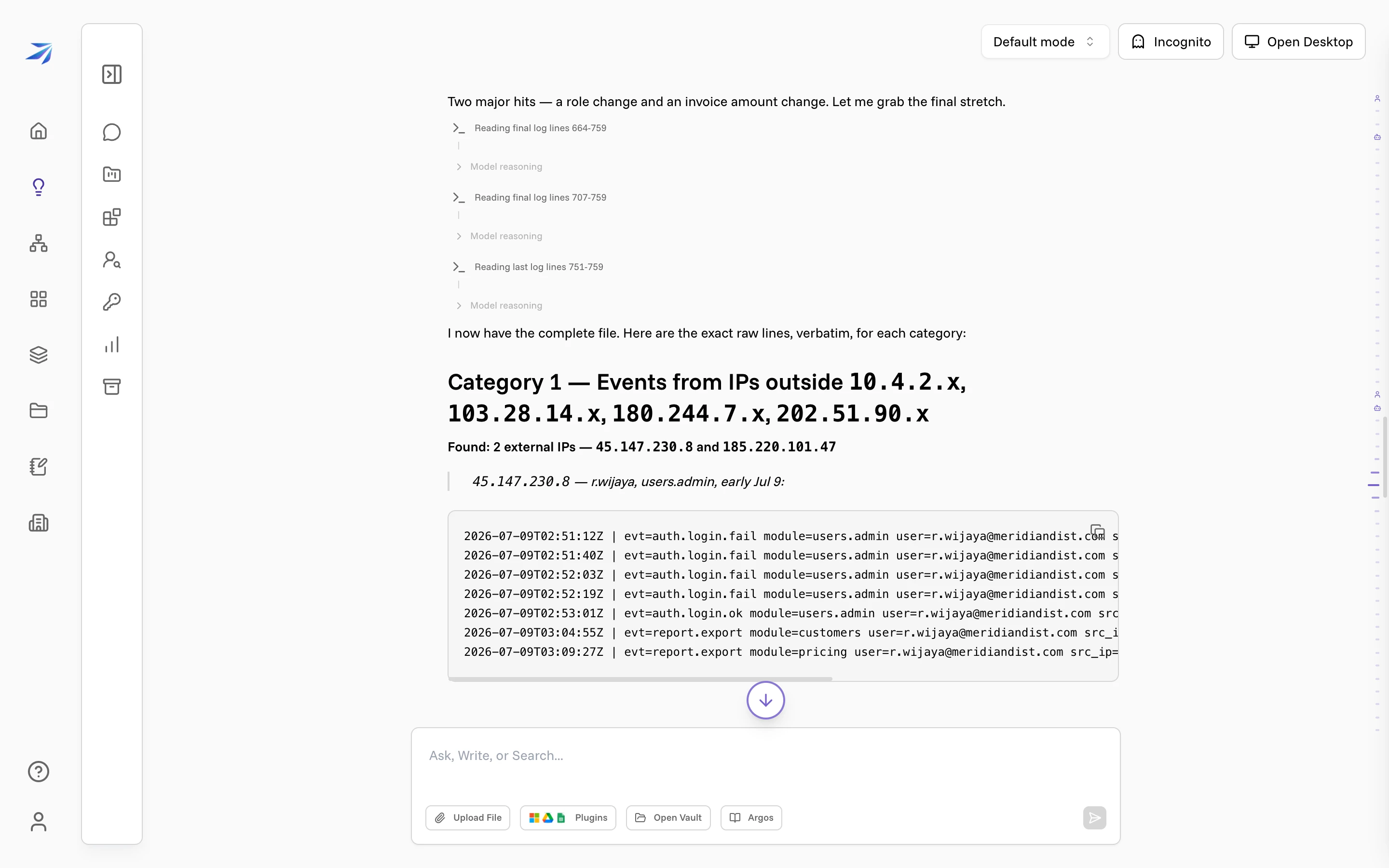 Corint re-reading the raw file and quoting verbatim log lines: four failed logins then a success from an outside IP, followed by two large data exports