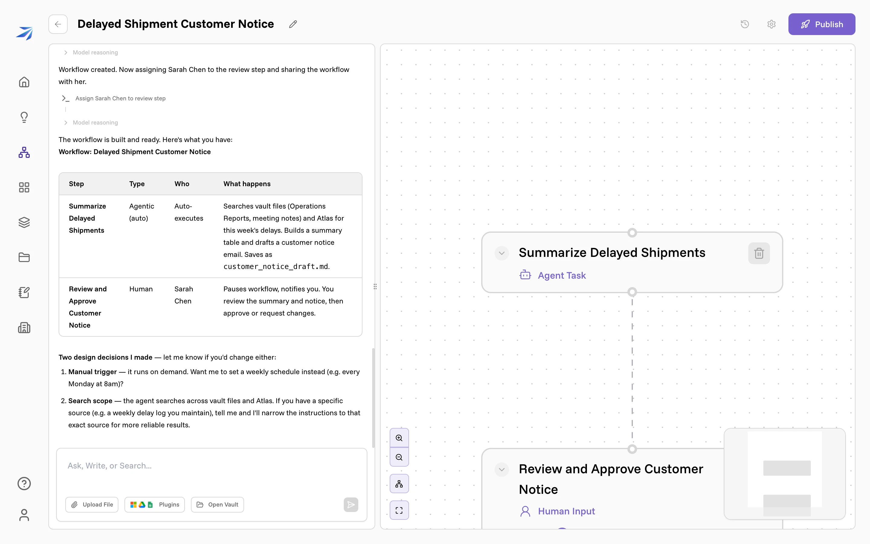 The finished draft: a two-step summary table in the chat, and the two connected nodes on the canvas