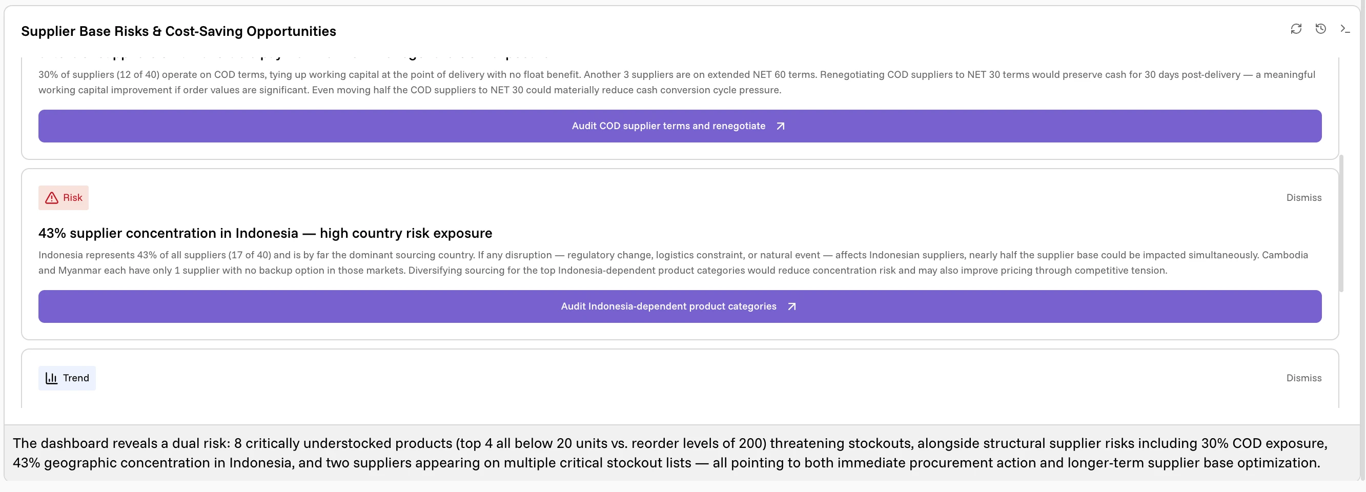 A Recommended Actions widget with cards for supplier concentration risk and COD payment terms, each with an action button and a Dismiss link