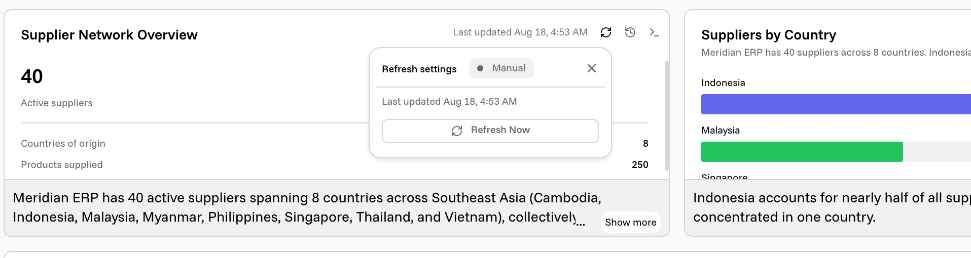 The per-widget refresh popover, showing Refresh settings, a Manual badge, the last update time, and a Refresh Now button