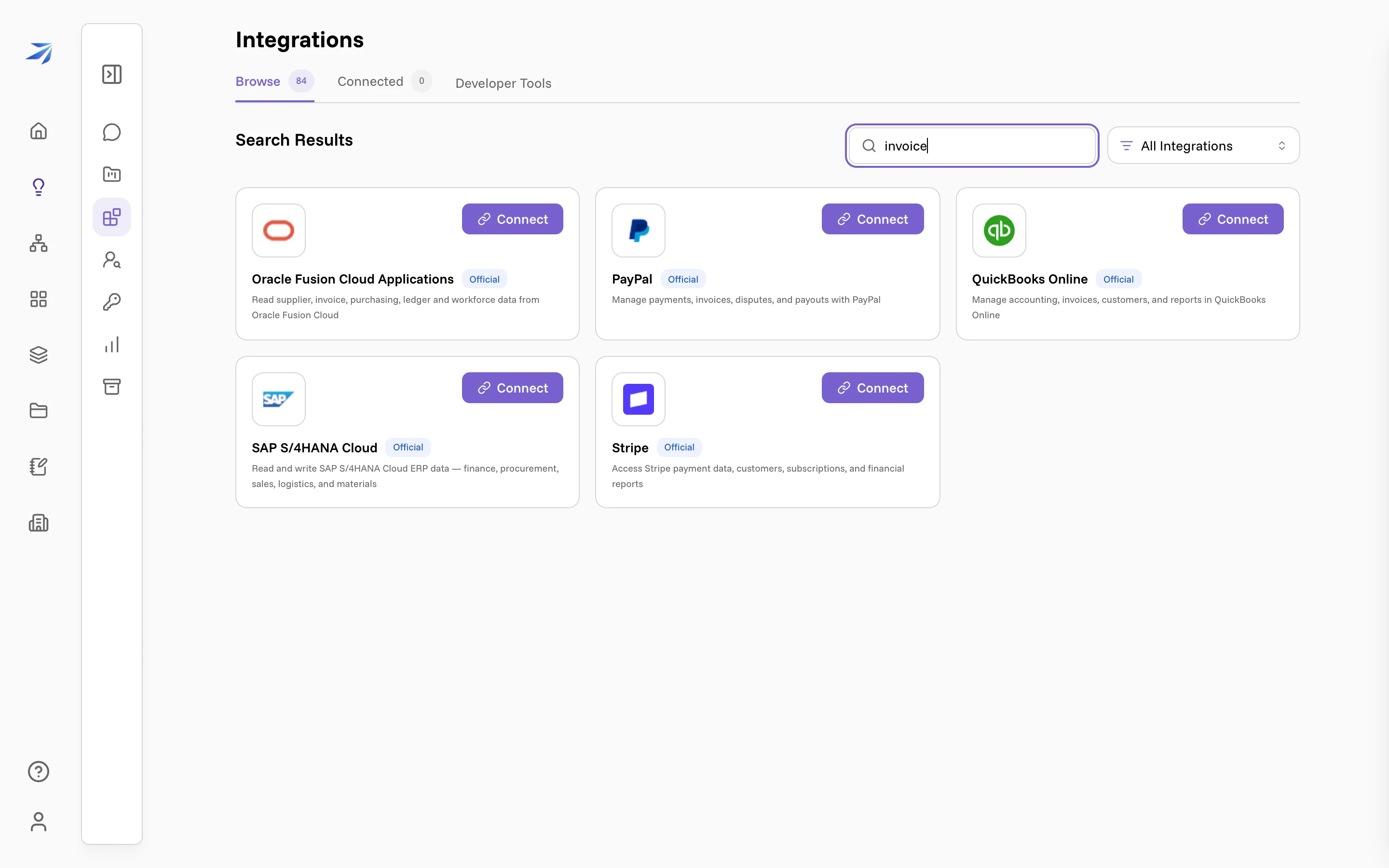Searching the catalog for the word invoice, returning Oracle Fusion Cloud Applications, PayPal, QuickBooks Online, SAP S/4HANA Cloud, and Stripe