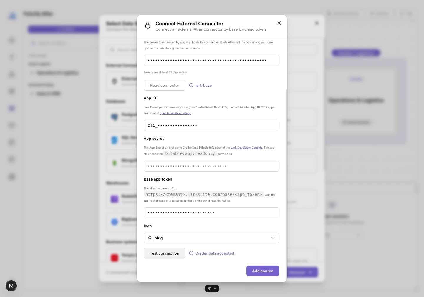Test connection in its accepted state: Credentials accepted, with Add source enabled