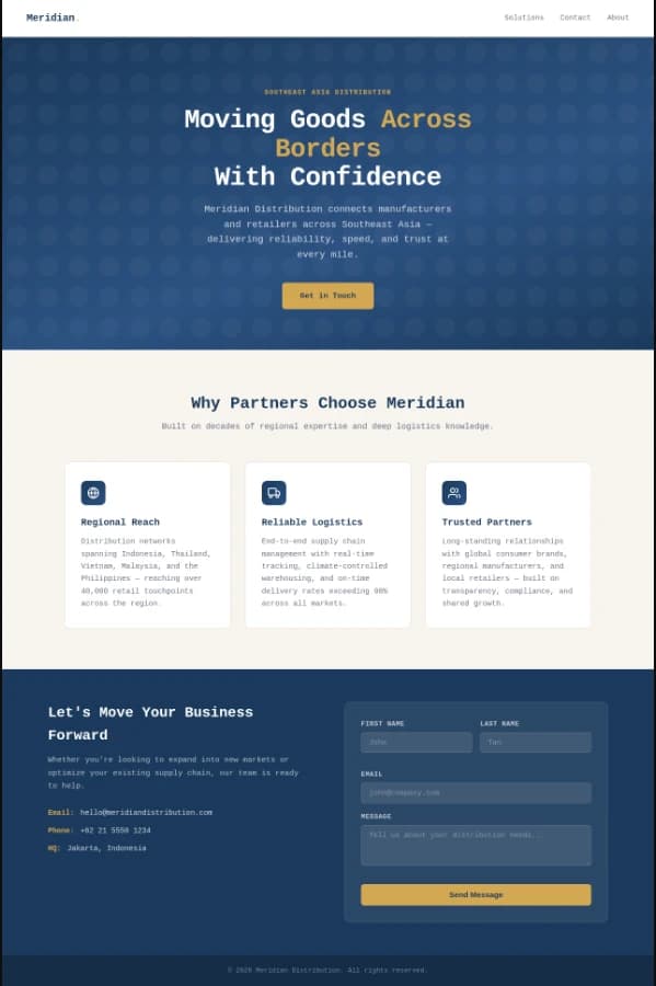 The finished landing page: a Meridian nav bar, a dark navy hero reading "Moving Goods Across Borders With Confidence", three feature cards for Regional Reach, Reliable Logistics and Trusted Partners, and a contact section with a form