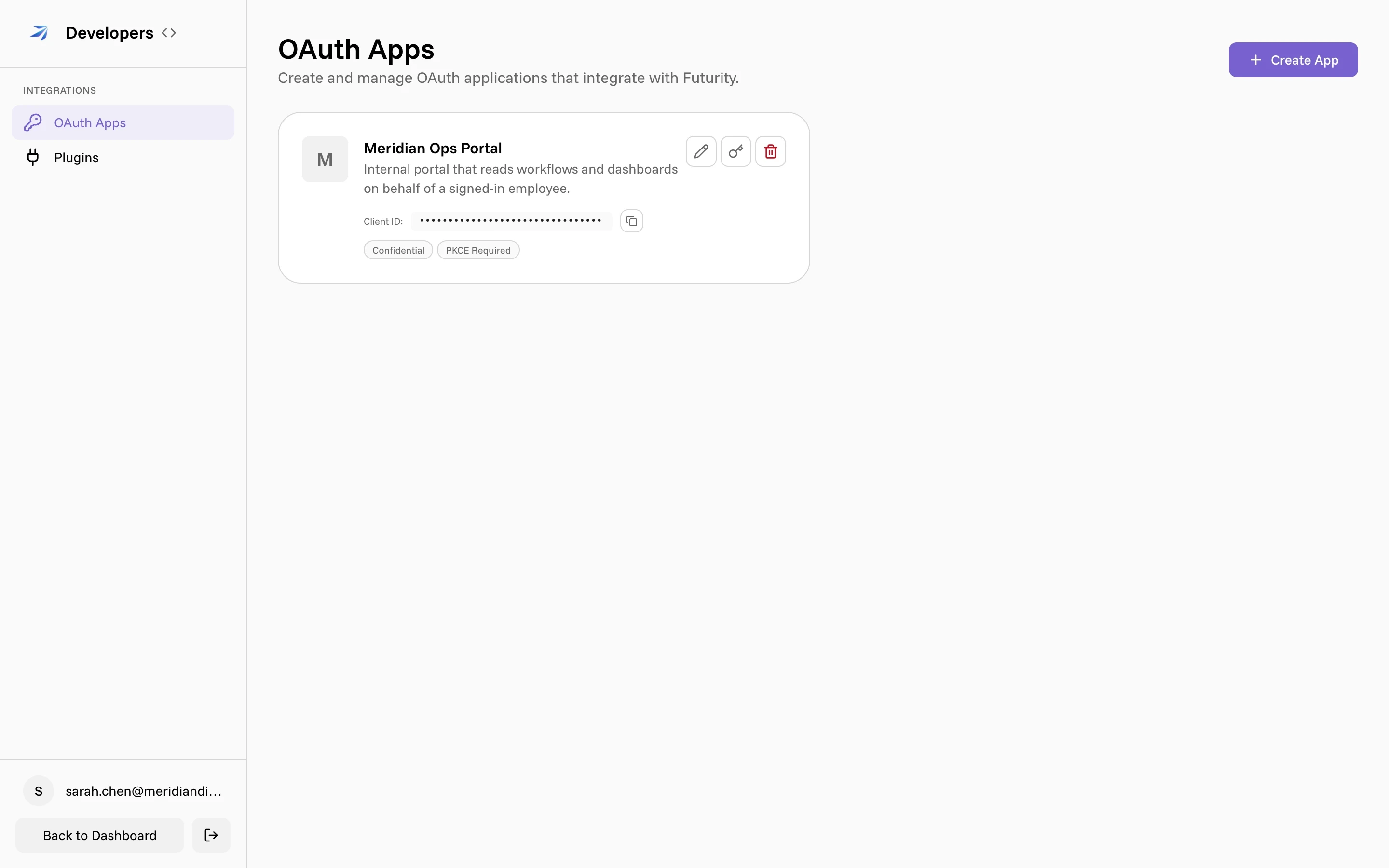 The registered app's card in the portal, tagged Confidential and PKCE Required