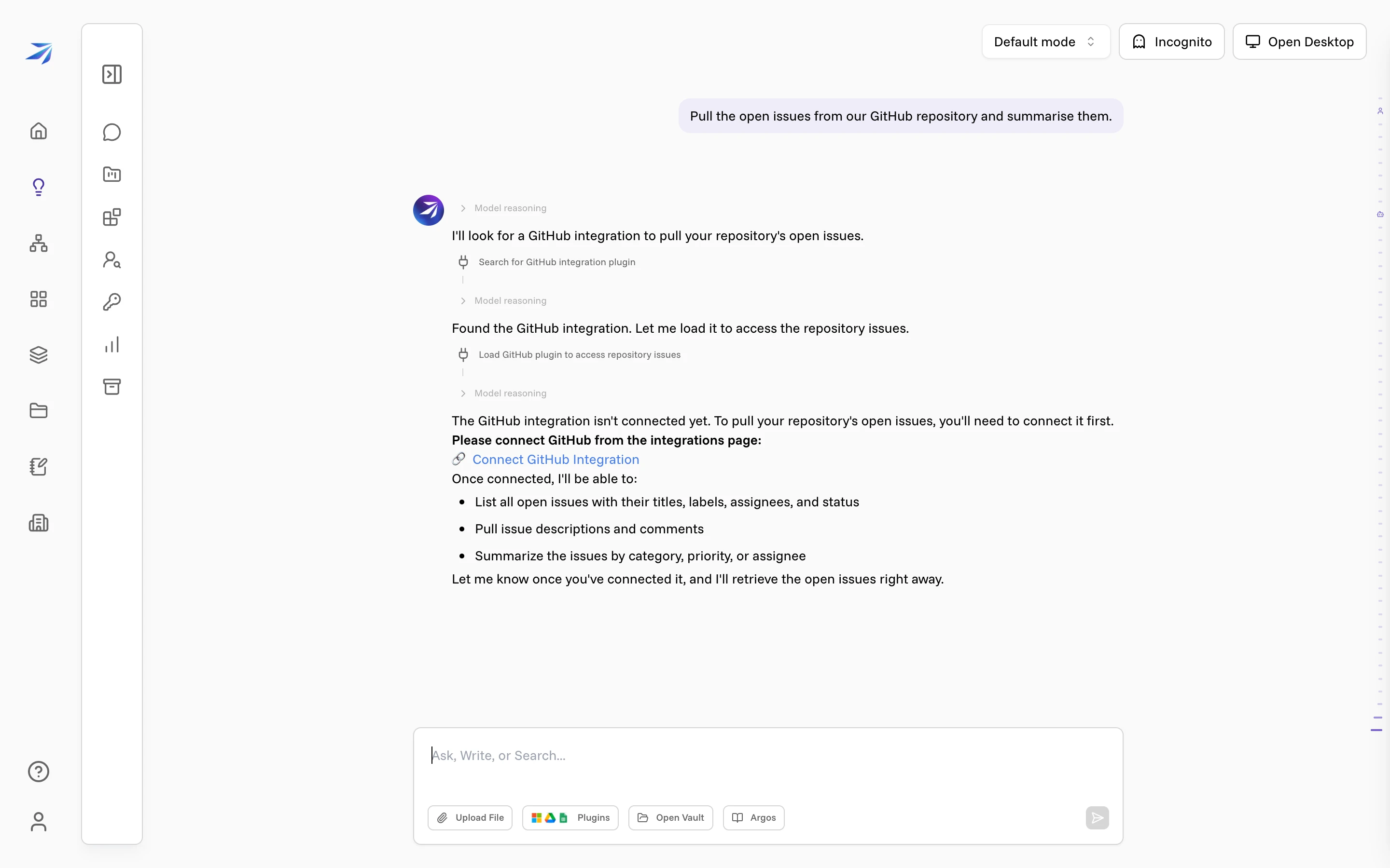 A chat where Corint searches for the GitHub integration, tries to load it, and reports that it is not connected yet