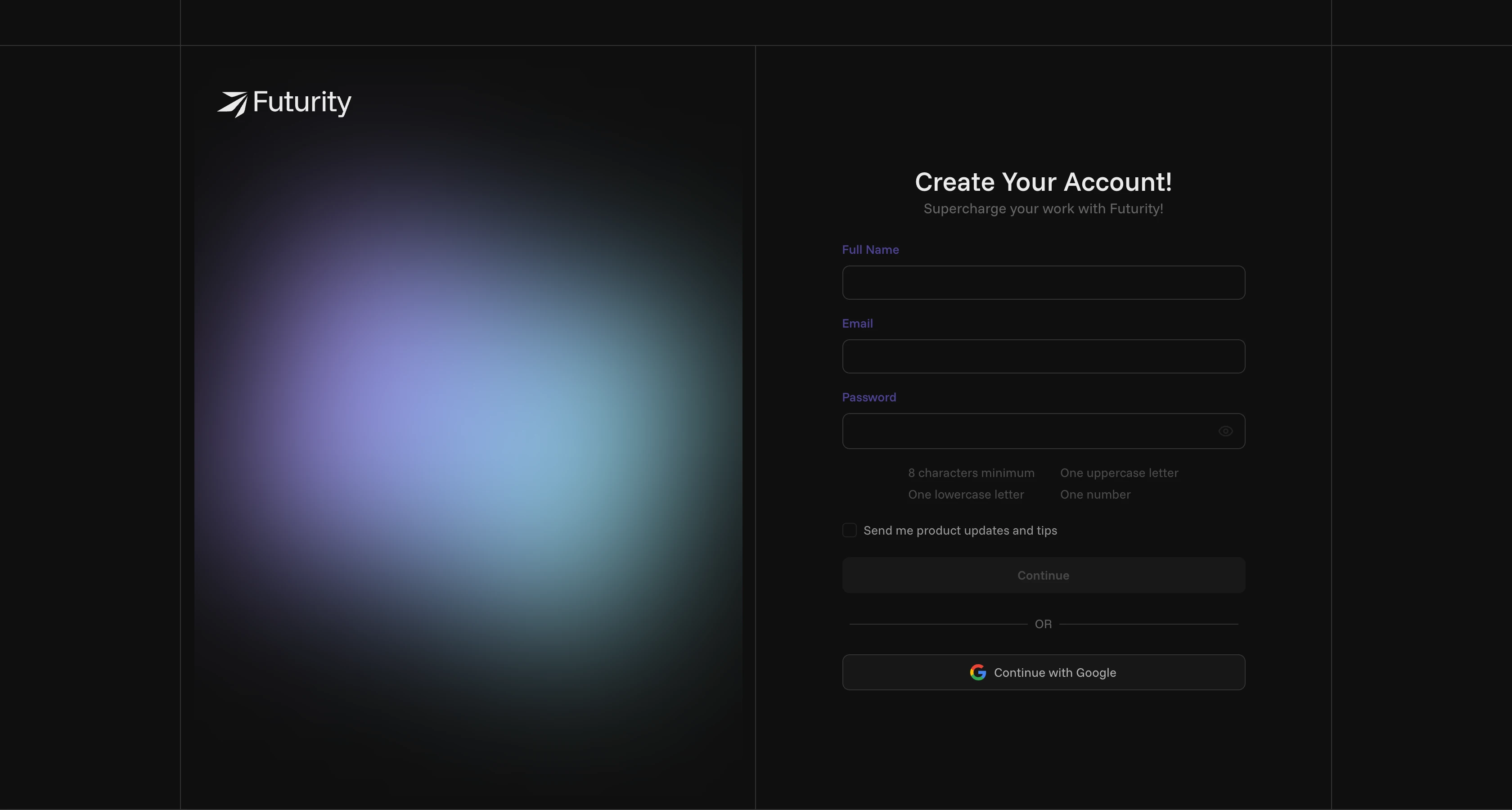 The signup page reached from an invite link, asking for full name, email, and password