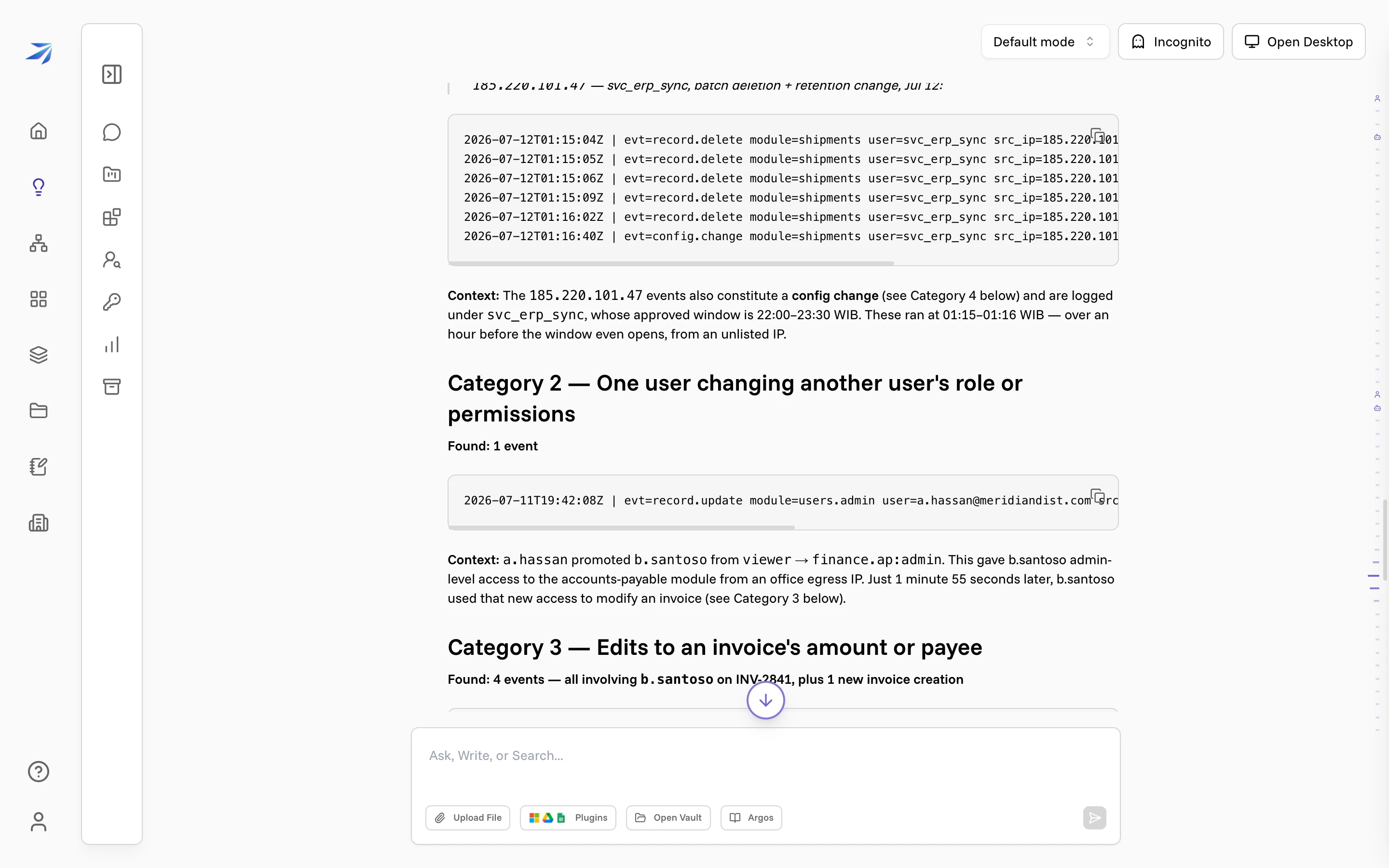 Corint's cross-referenced answer: one user granted another admin rights, and a minute and 55 seconds later that account cut an invoice by 90%, changed the payee, and created a new invoice to the same new vendor