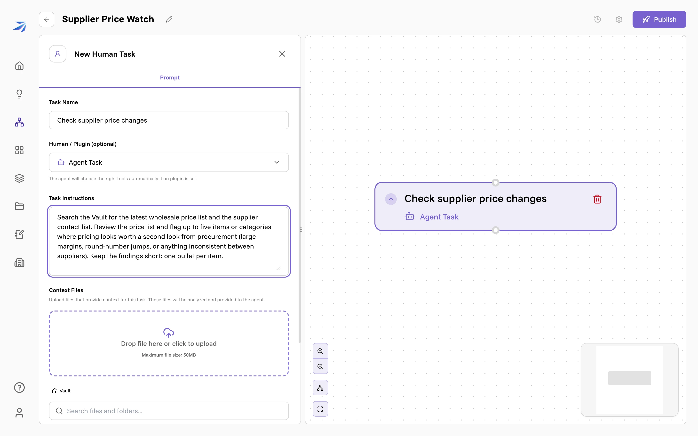 The step editor with the task named and instructions filled in, and the Agent Task node on the canvas