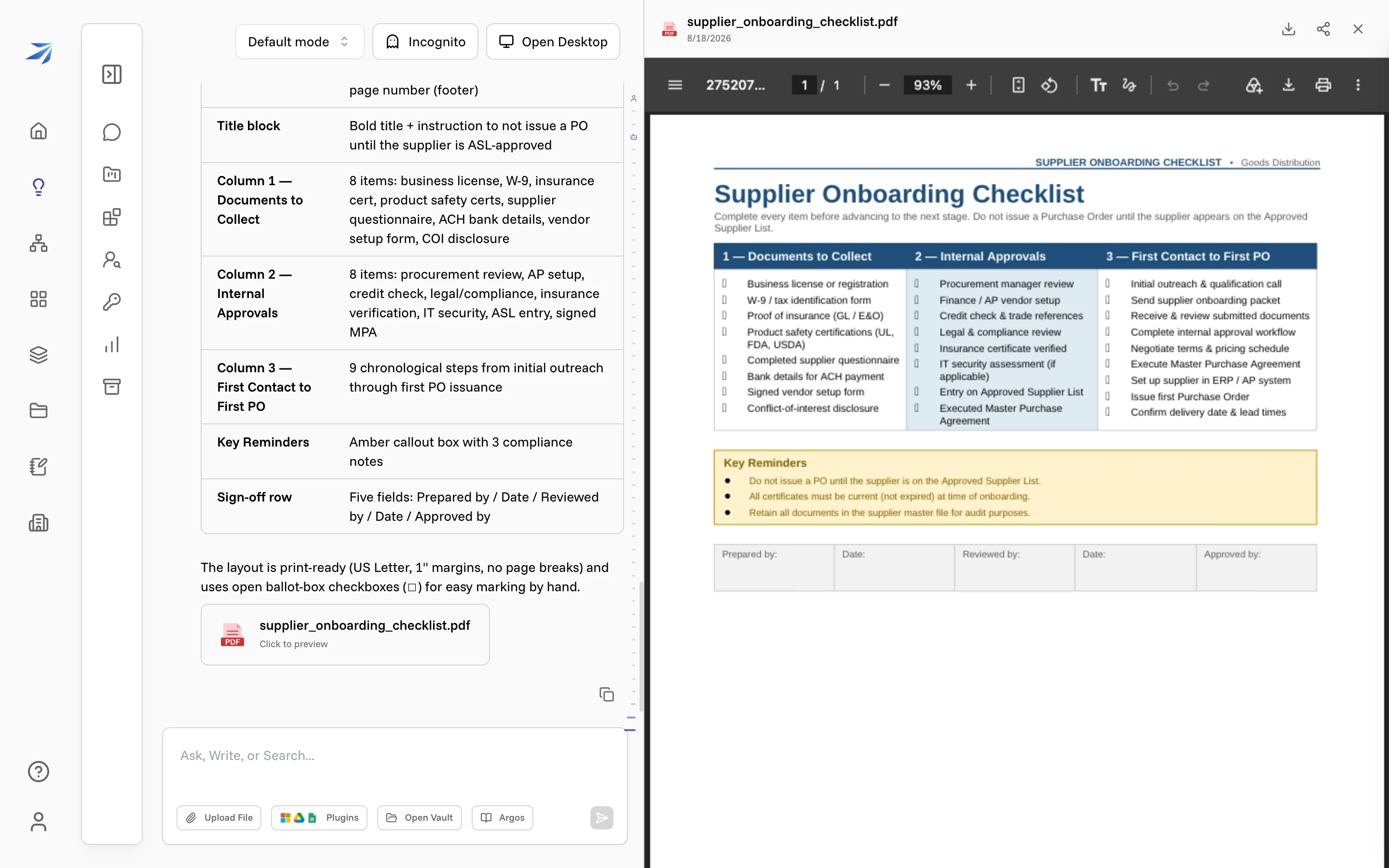 The PDF preview open beside the chat, showing the finished three-column supplier onboarding checklist with a Key Reminders box and a sign-off row