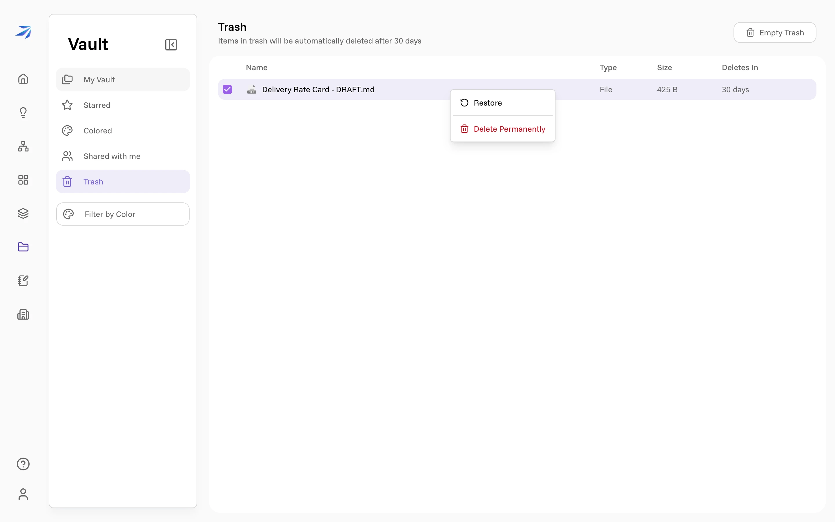 The right-click menu on a trashed file: Restore and Delete Permanently
