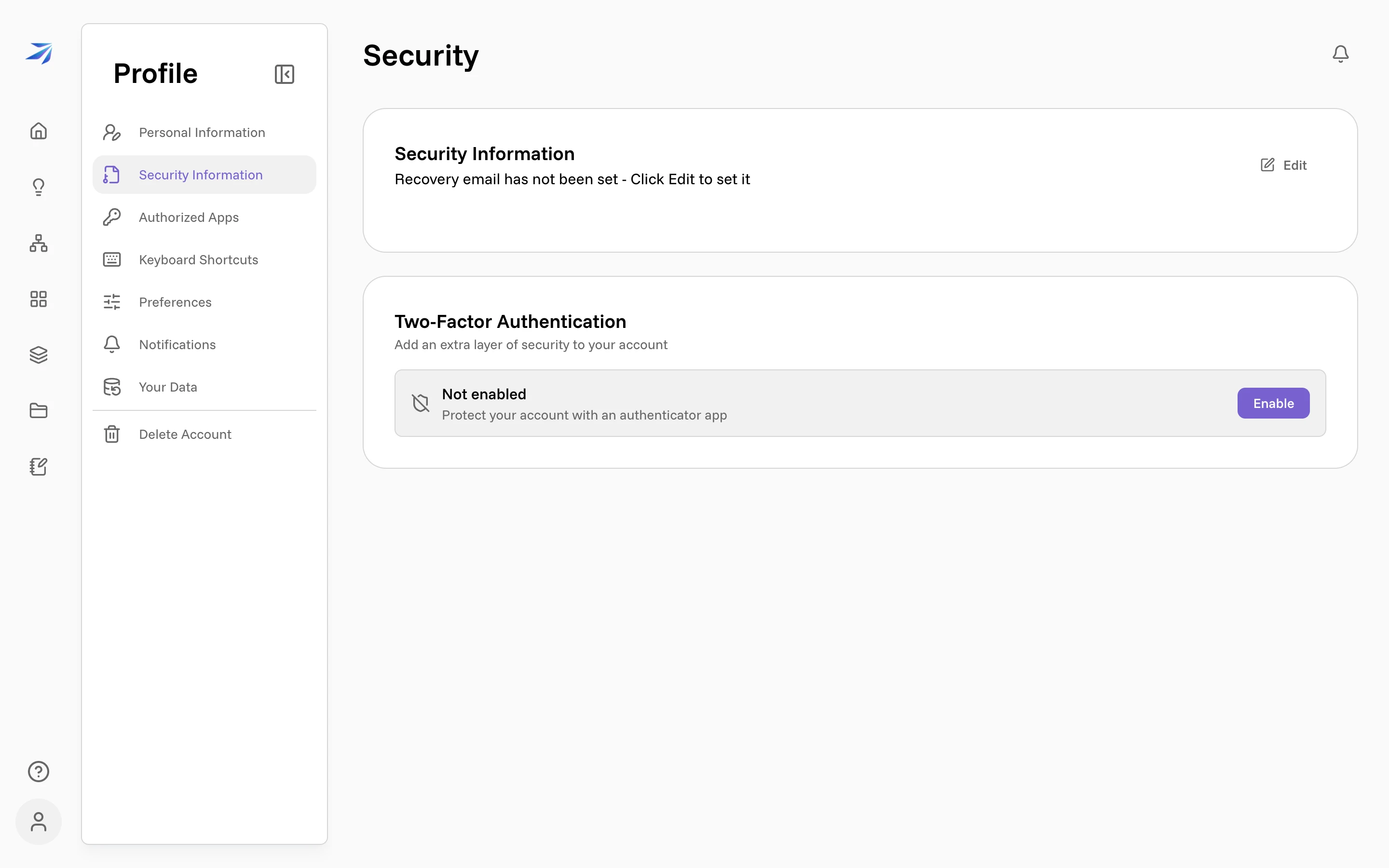 The Security page, with Two-Factor Authentication not yet enabled