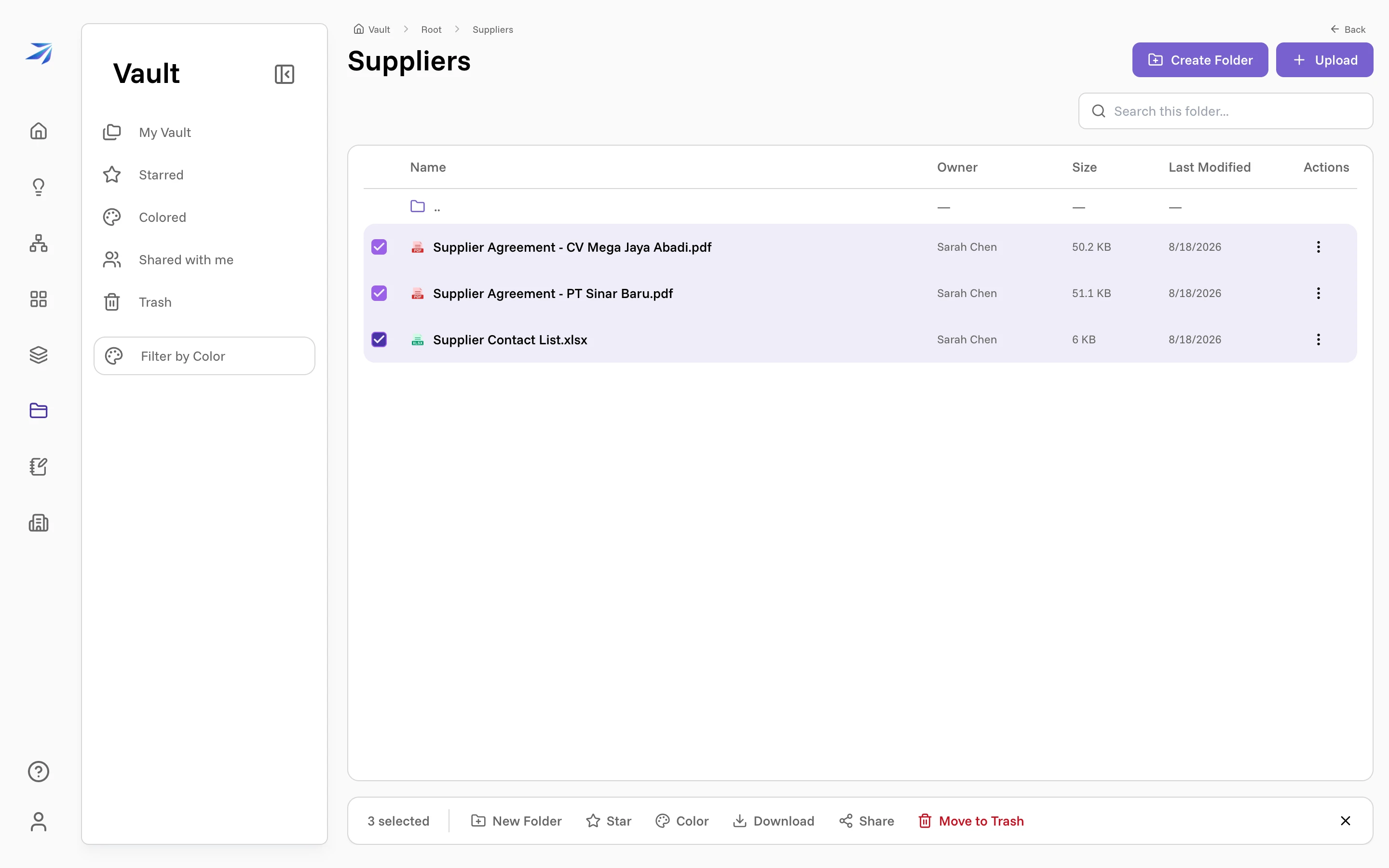 Three supplier files selected, with the bulk toolbar showing 3 selected and the group actions
