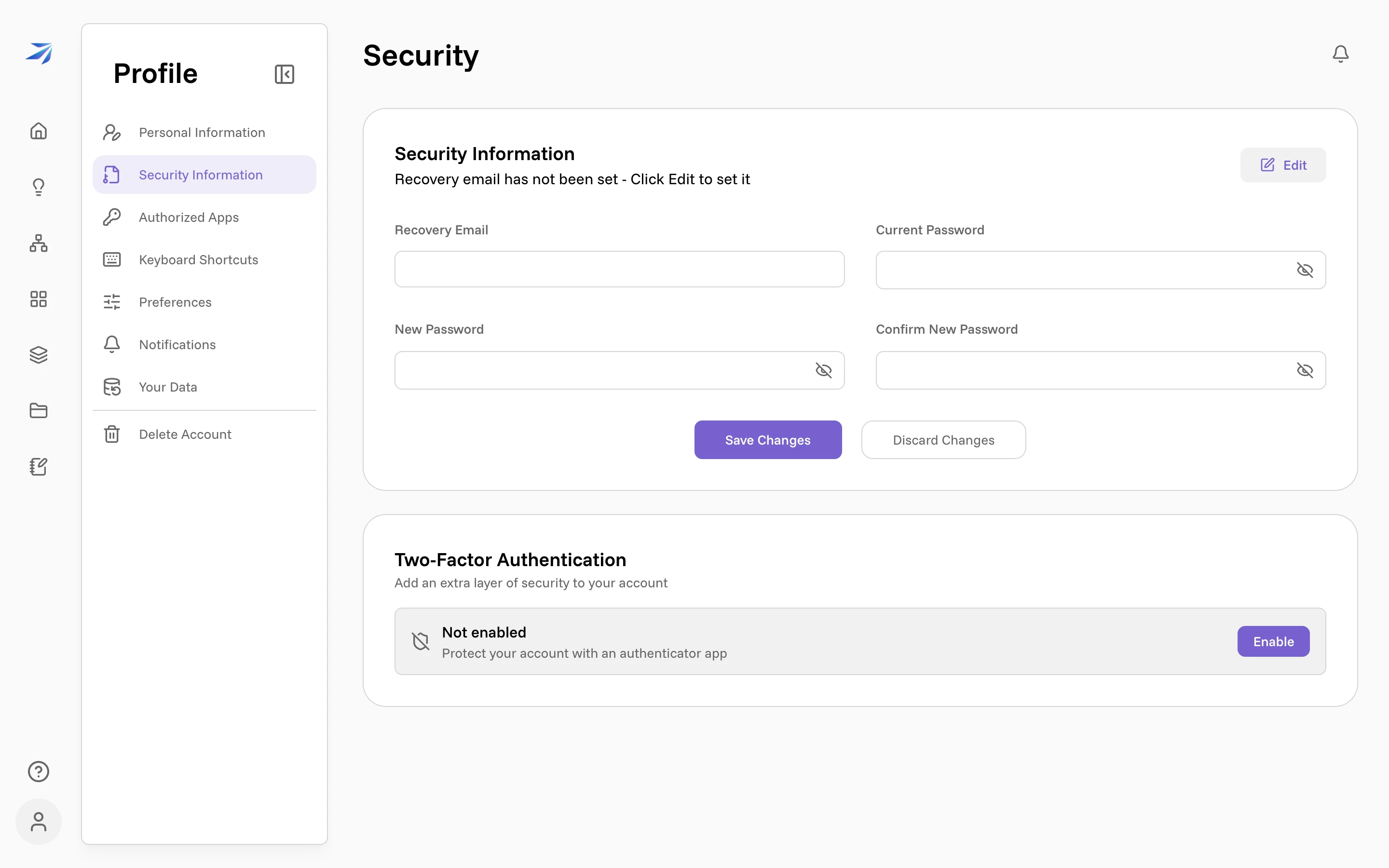 The Security Information form in edit mode, with recovery email and password fields