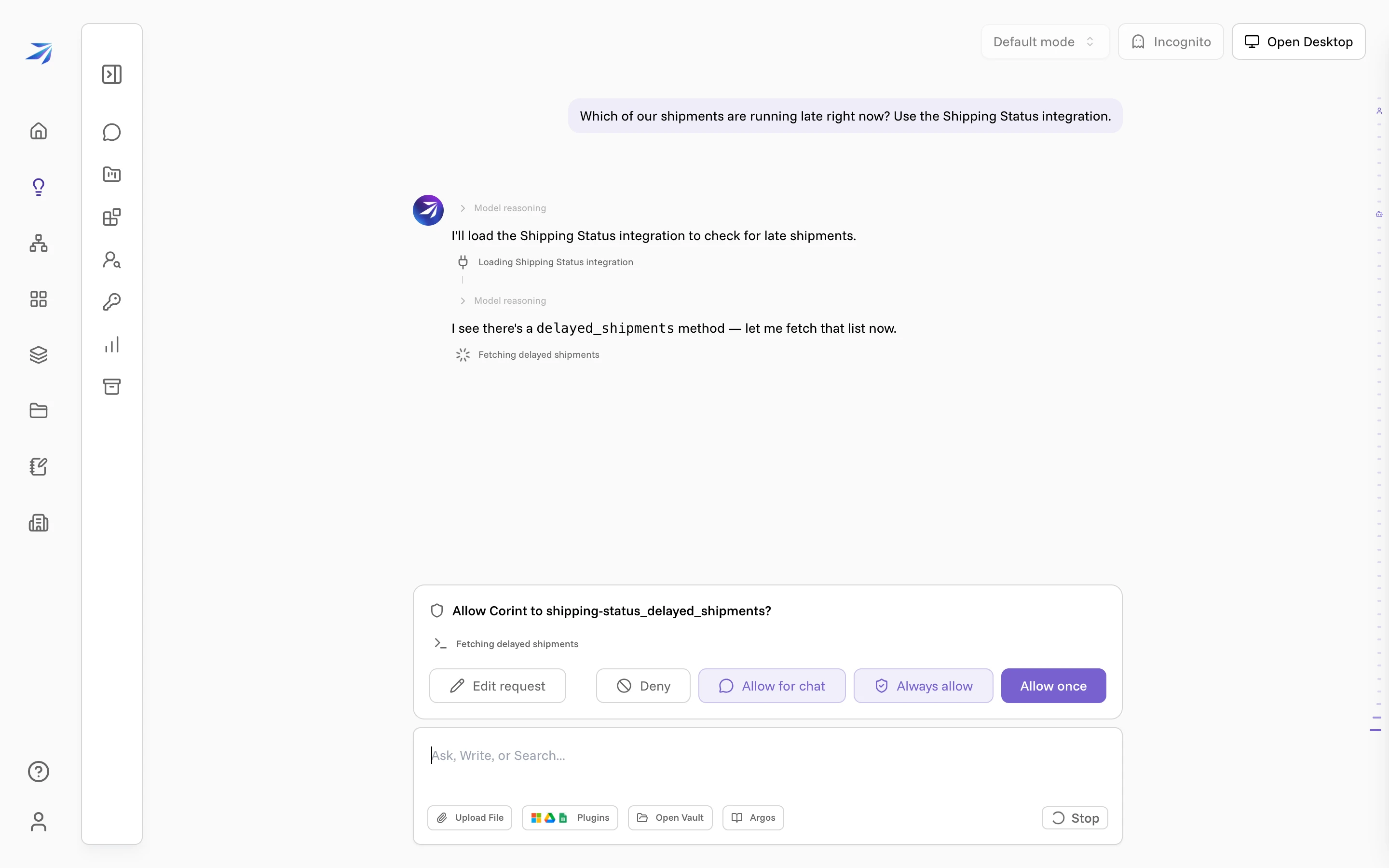 Corint asking for permission to run shipping-status_delayed_shipments, with Allow once, Always allow, Allow for chat and Deny