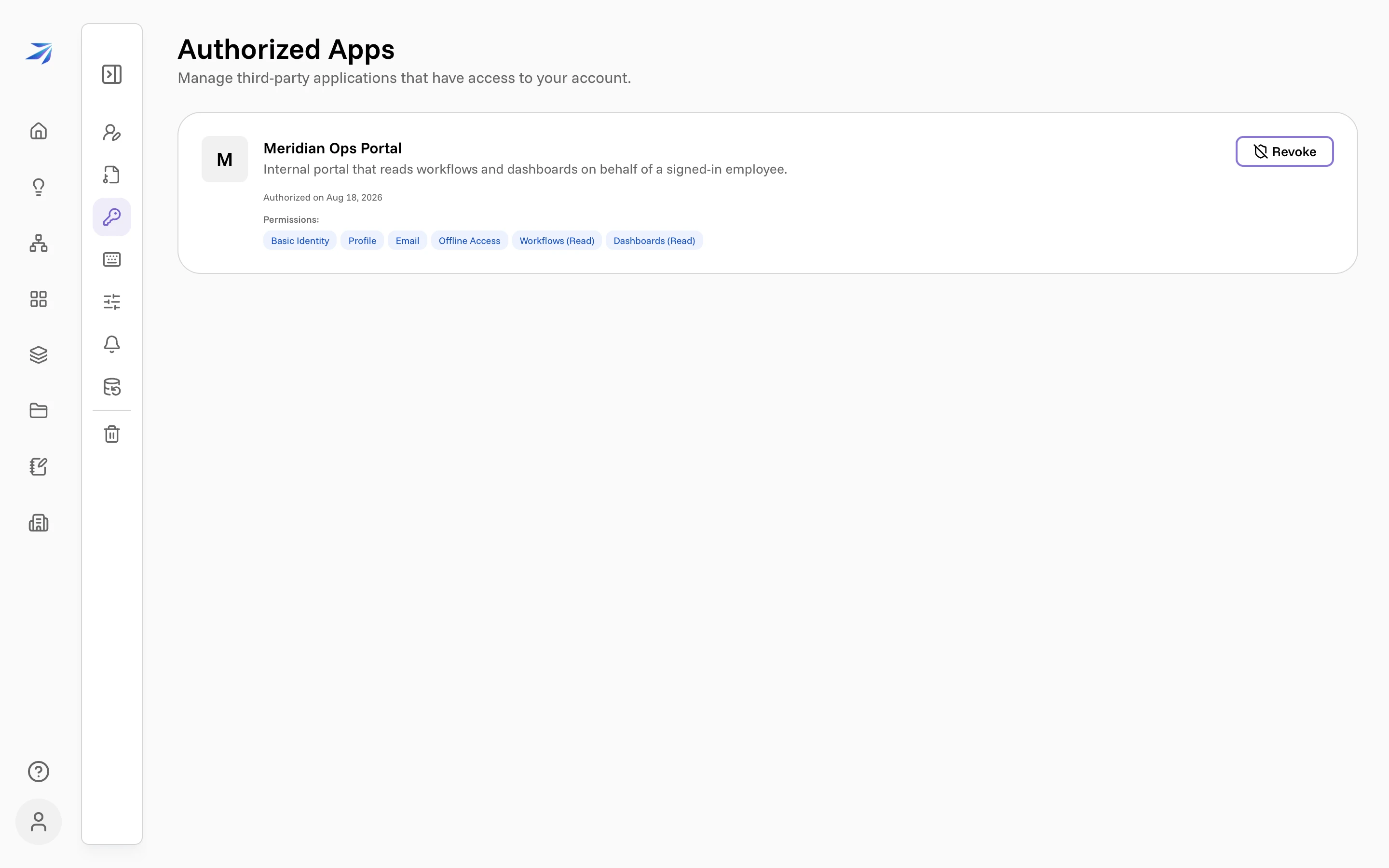 The Authorized Apps page in account settings, listing an approved app with its permissions and a Revoke button