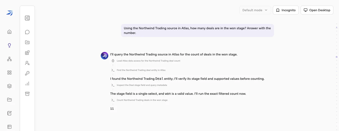 A Corint chat: the question about won deals, three Atlas tool steps, and the answer 11
