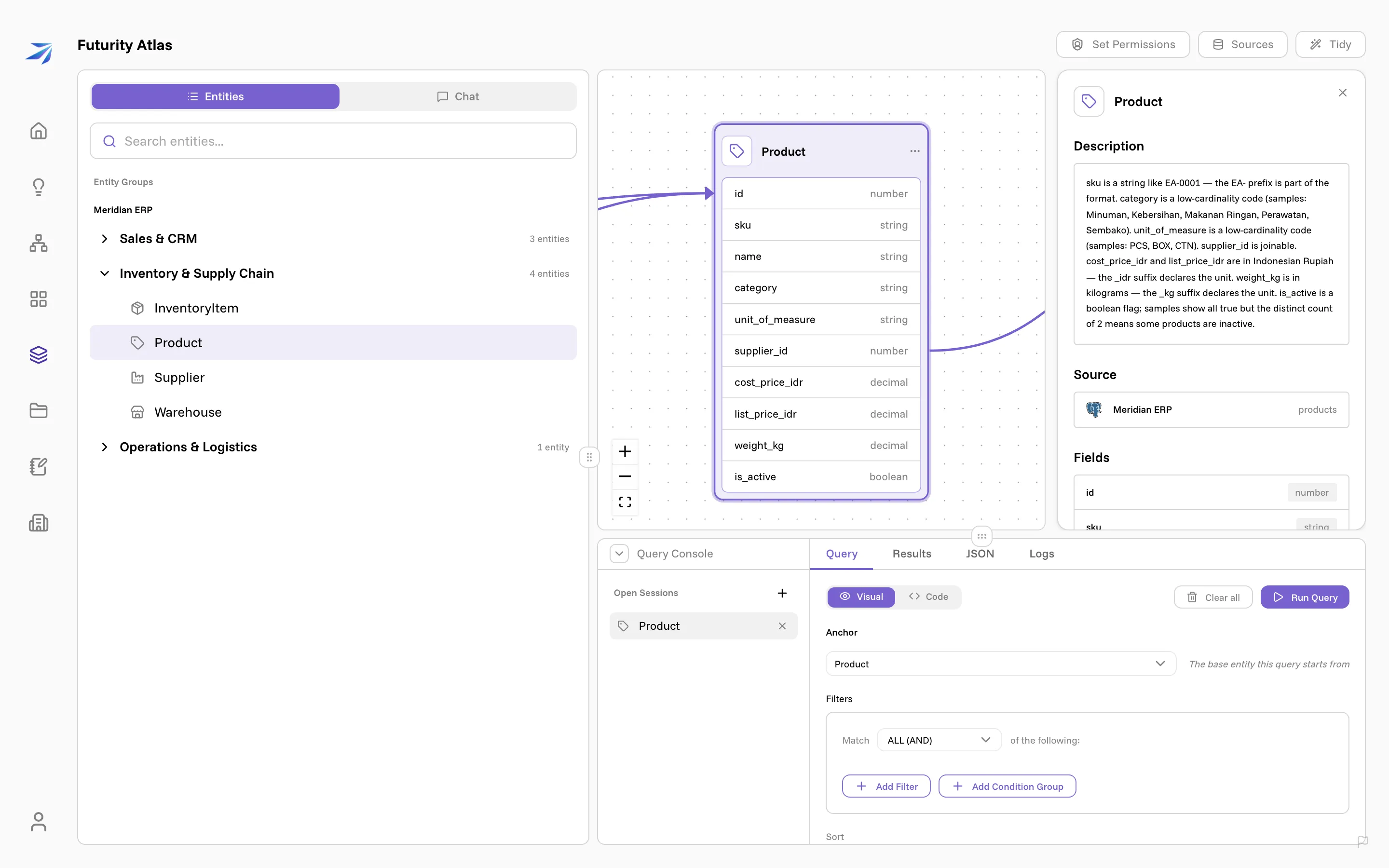 The Product entity: its written description, its source table, and its fields