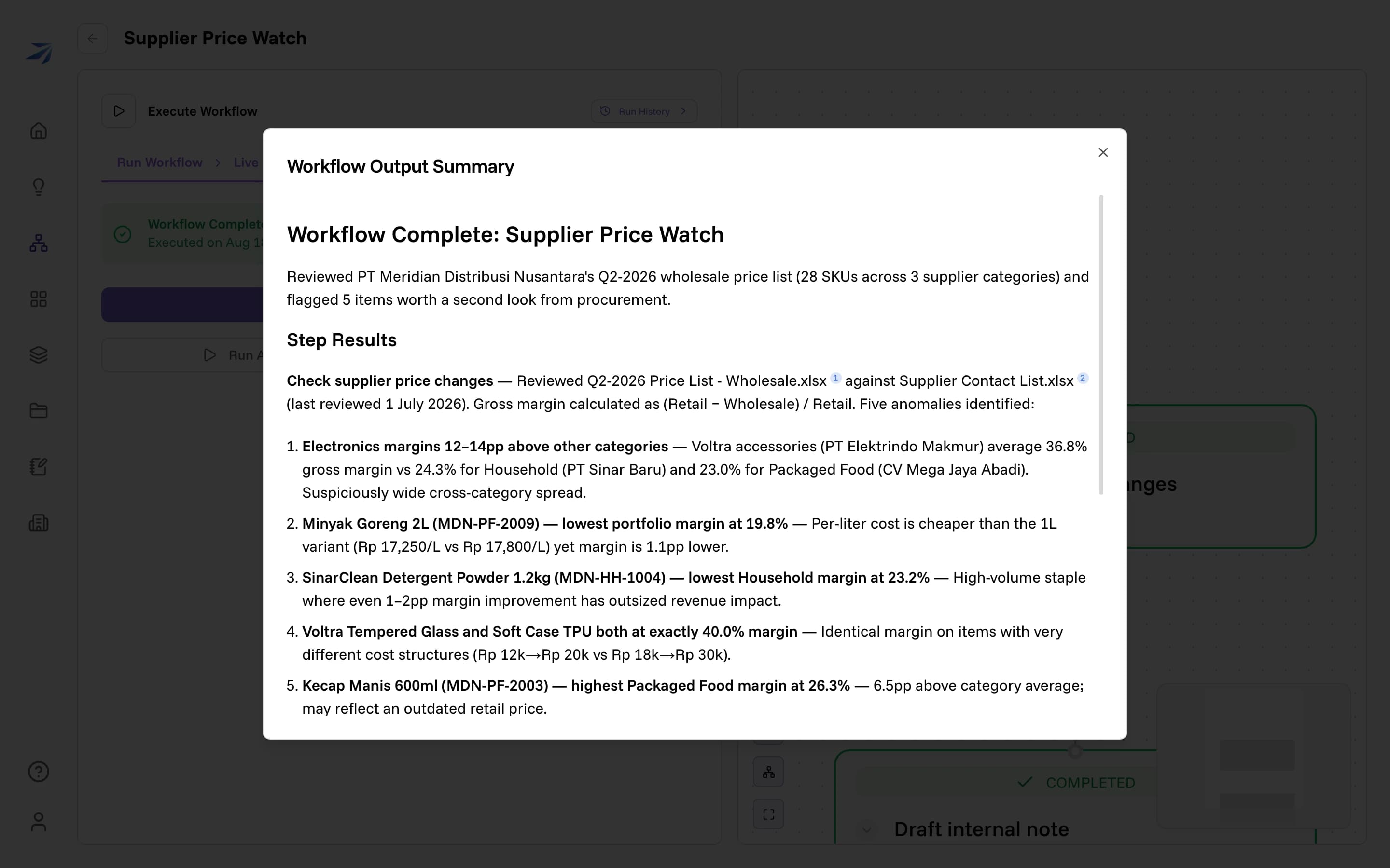 The Workflow Output Summary: five flagged pricing findings with footnotes pointing at the exact Vault files reviewed