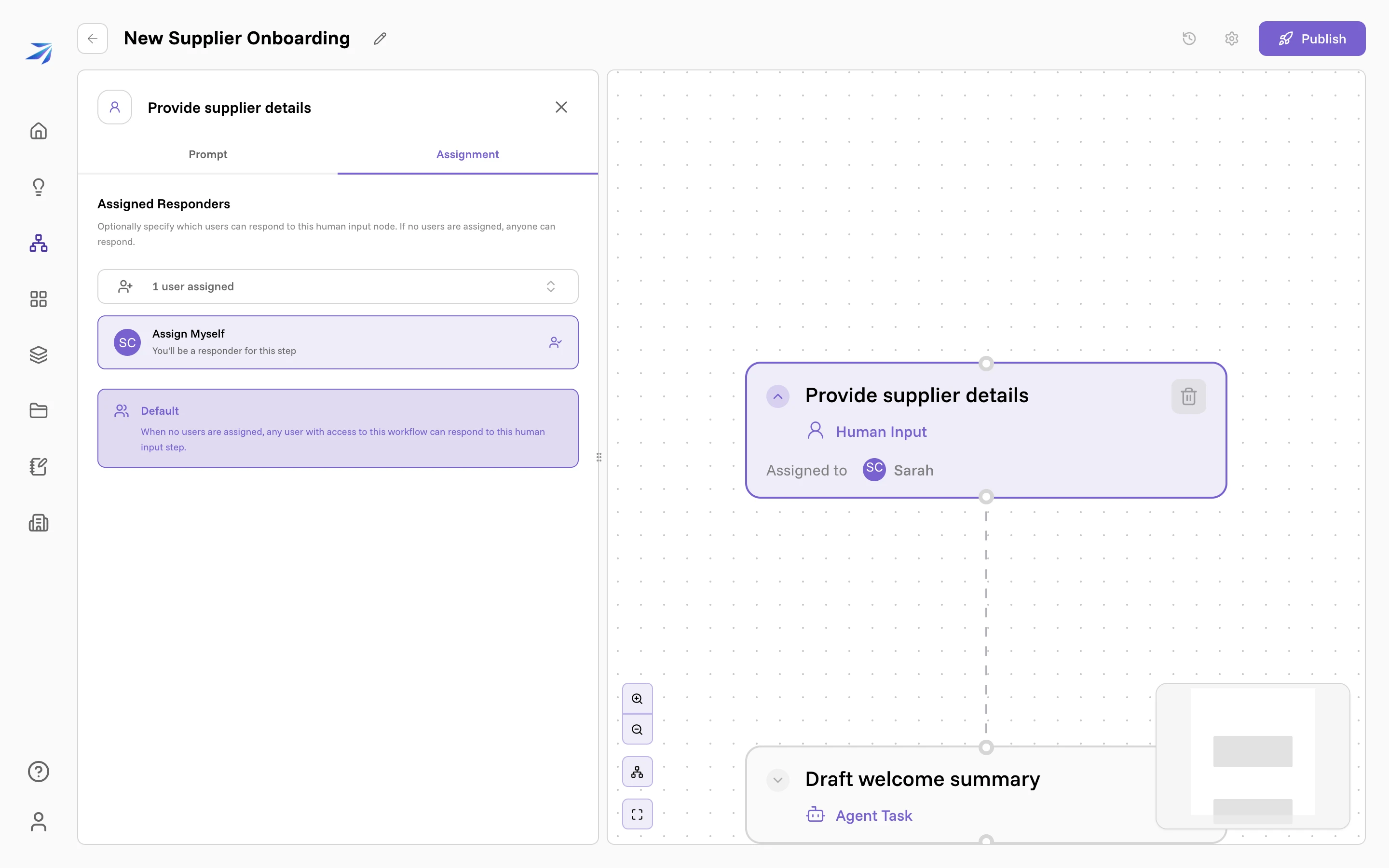 The Assignment tab of a Human Input step, with Sarah Chen assigned as a responder