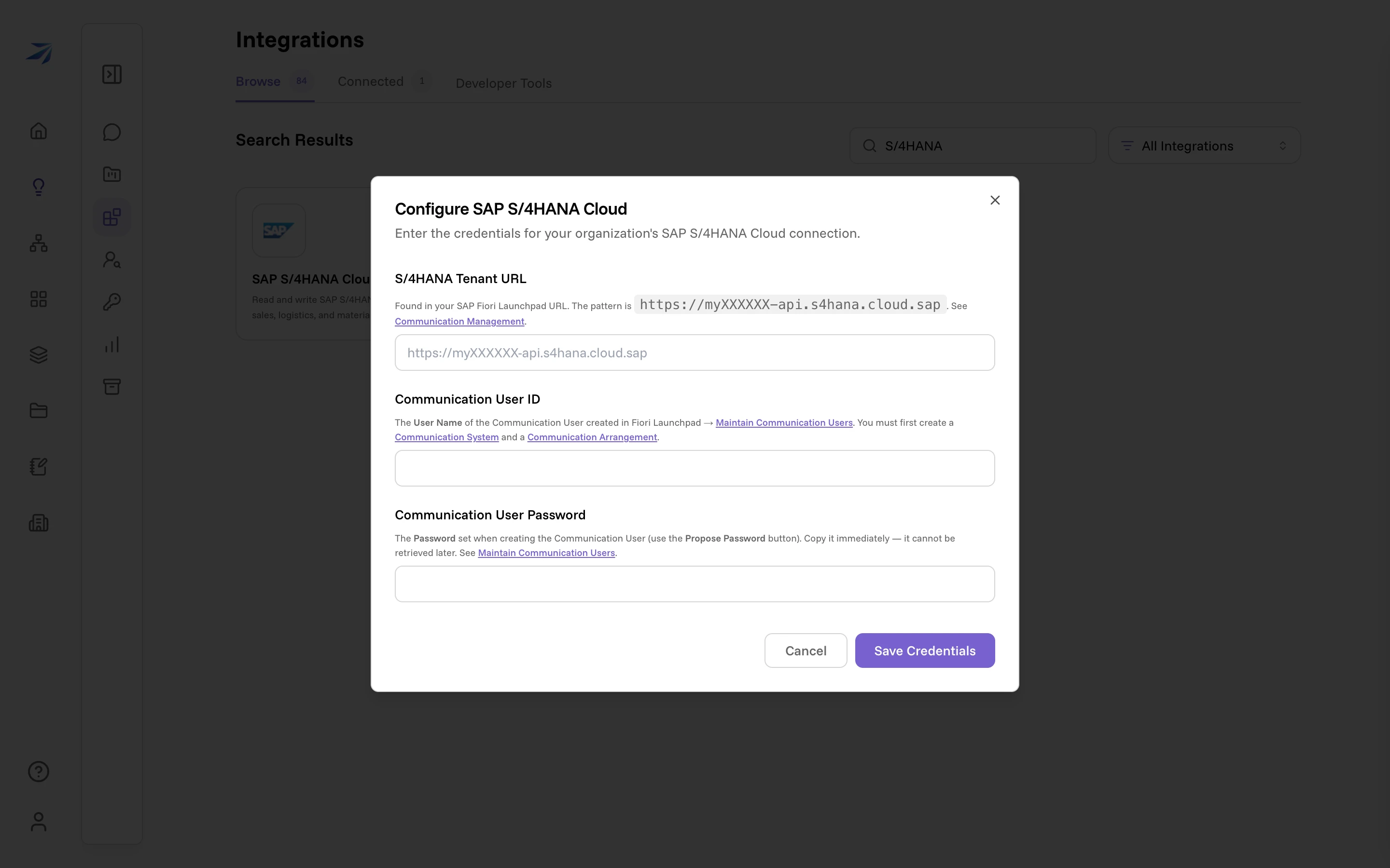 The Configure SAP S/4HANA Cloud dialog, with fields for the tenant URL, communication user ID, and password