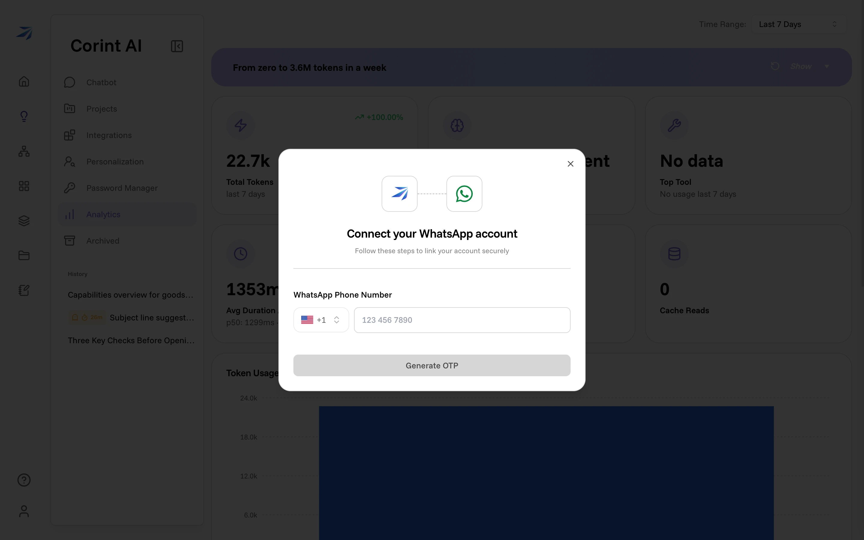 The Connect your WhatsApp account dialog, with a country code, phone number field, and Generate OTP button