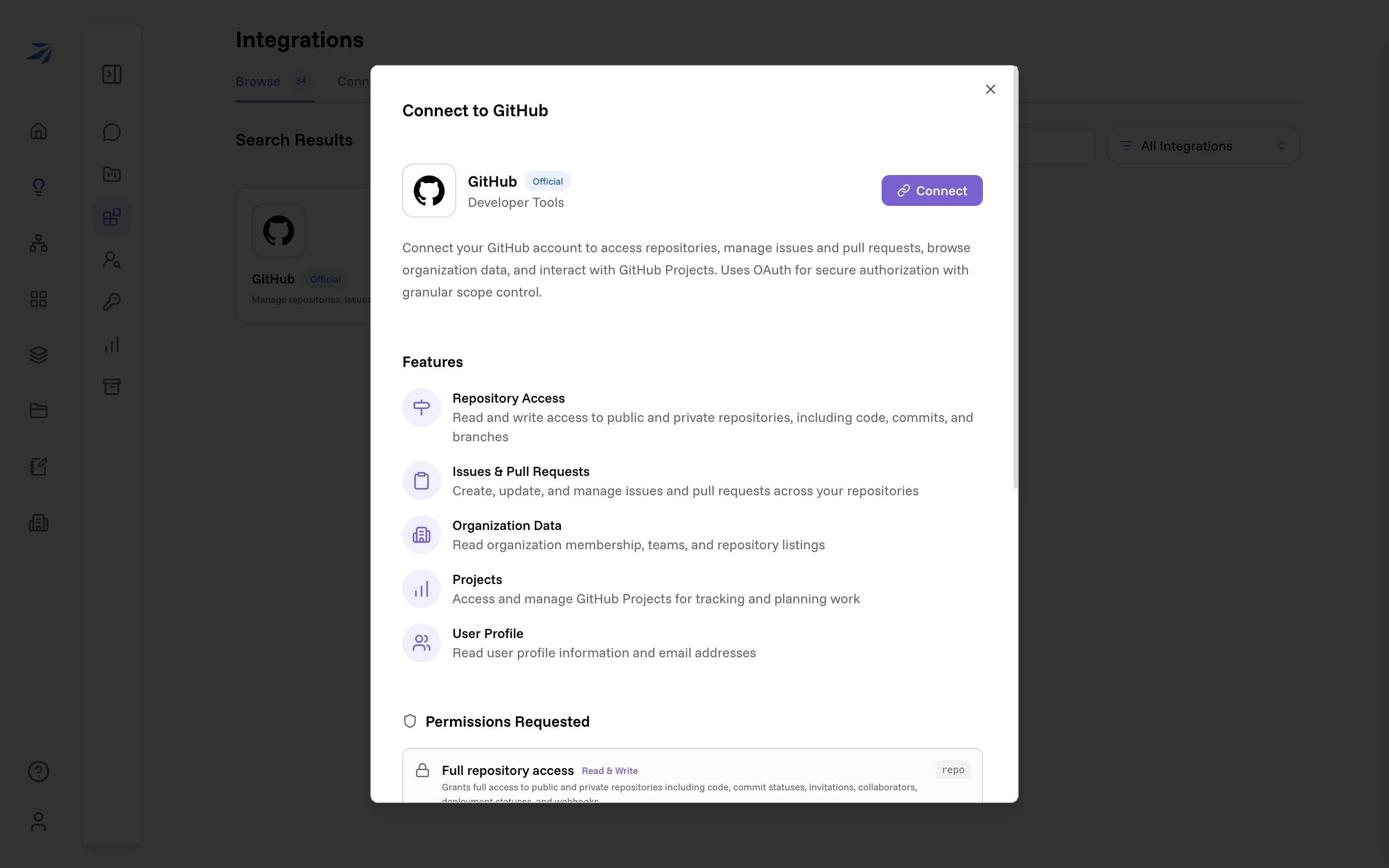 The Connect to GitHub panel, showing the overview and the five features the integration provides
