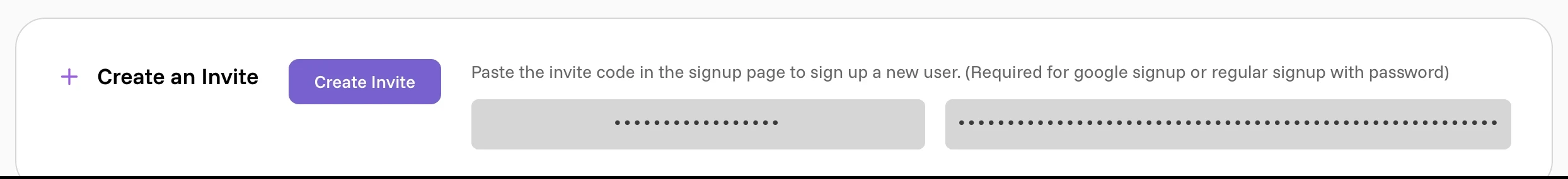 The Create an Invite card, showing a freshly generated code and its invite link, both blurred here