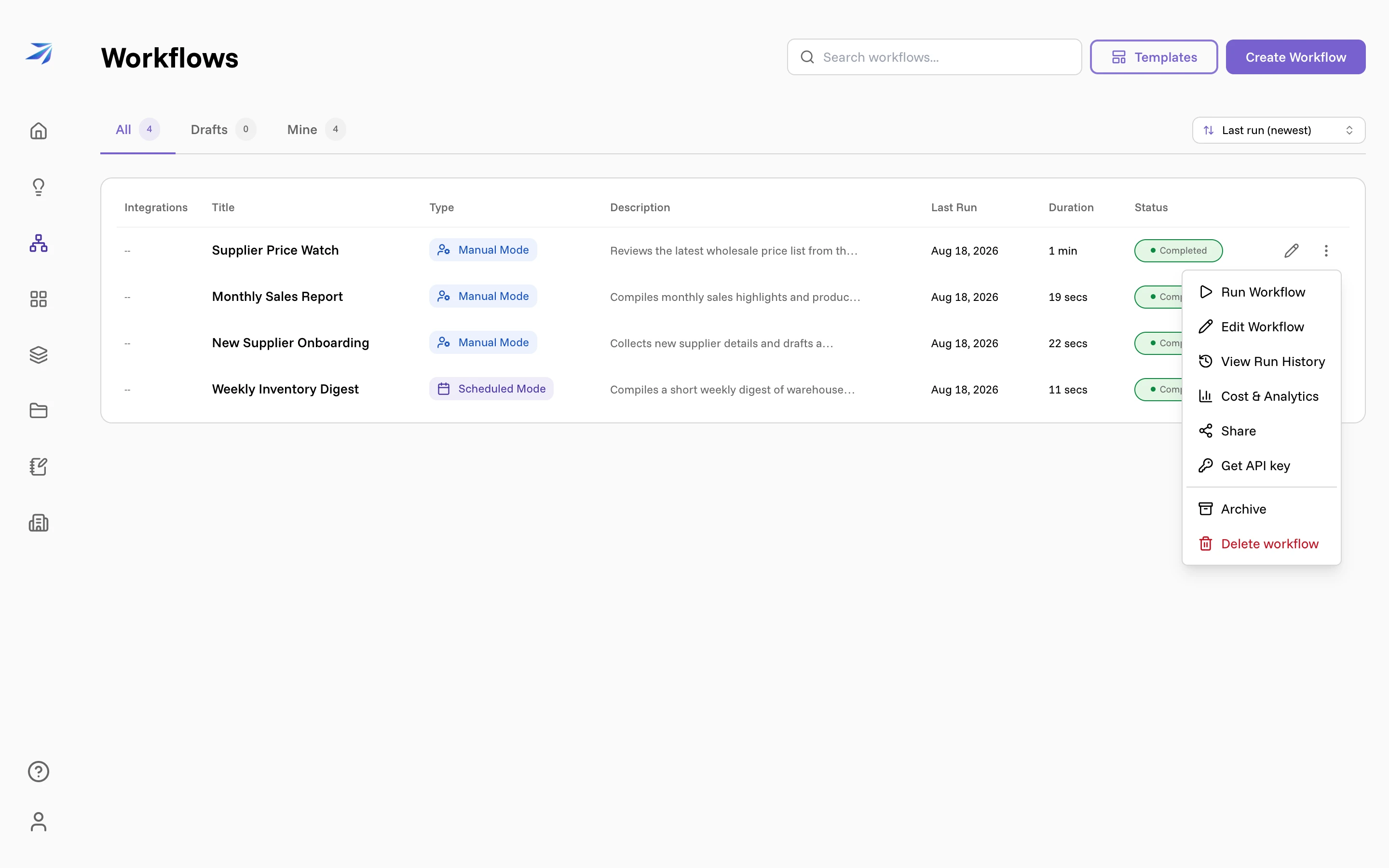 The workflow row menu, with Get API key between Share and Save as Template