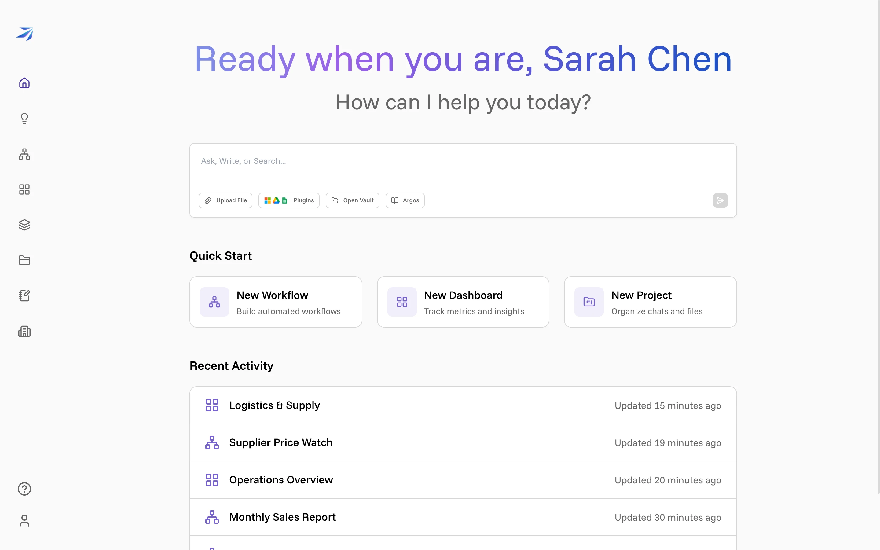 The Futurity home page: a greeting, the ask box, Quick Start cards, and Recent Activity
