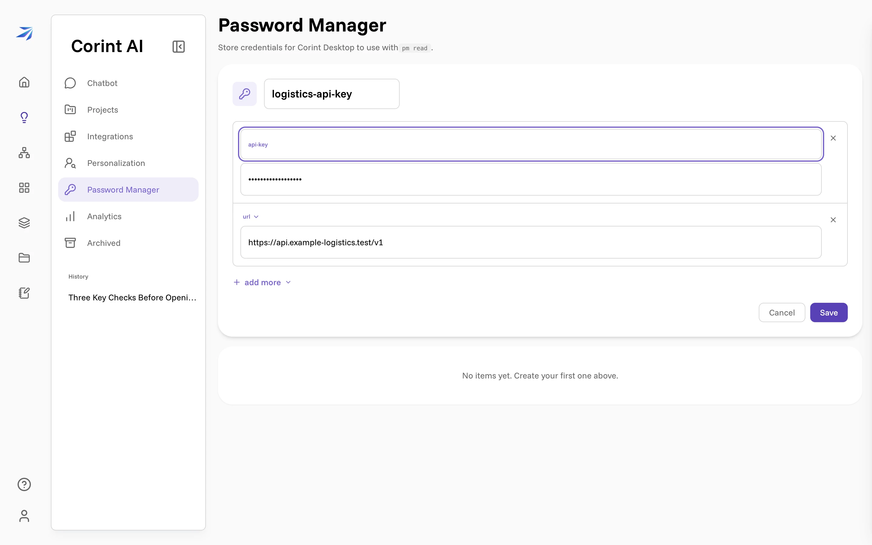 The New Item form with an item named logistics-api-key and two fields