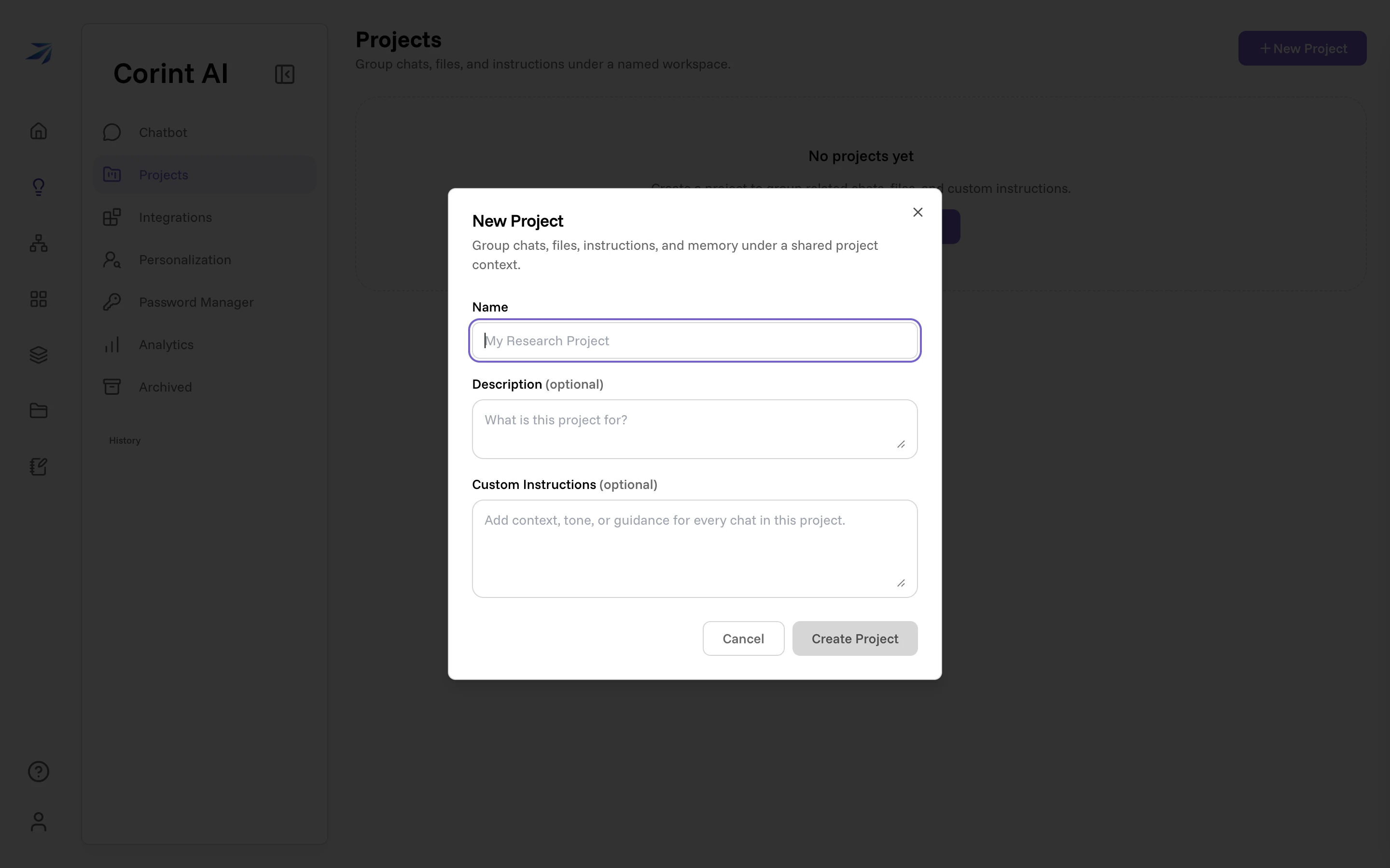 The New Project dialog with fields for Name, Description, and Custom Instructions