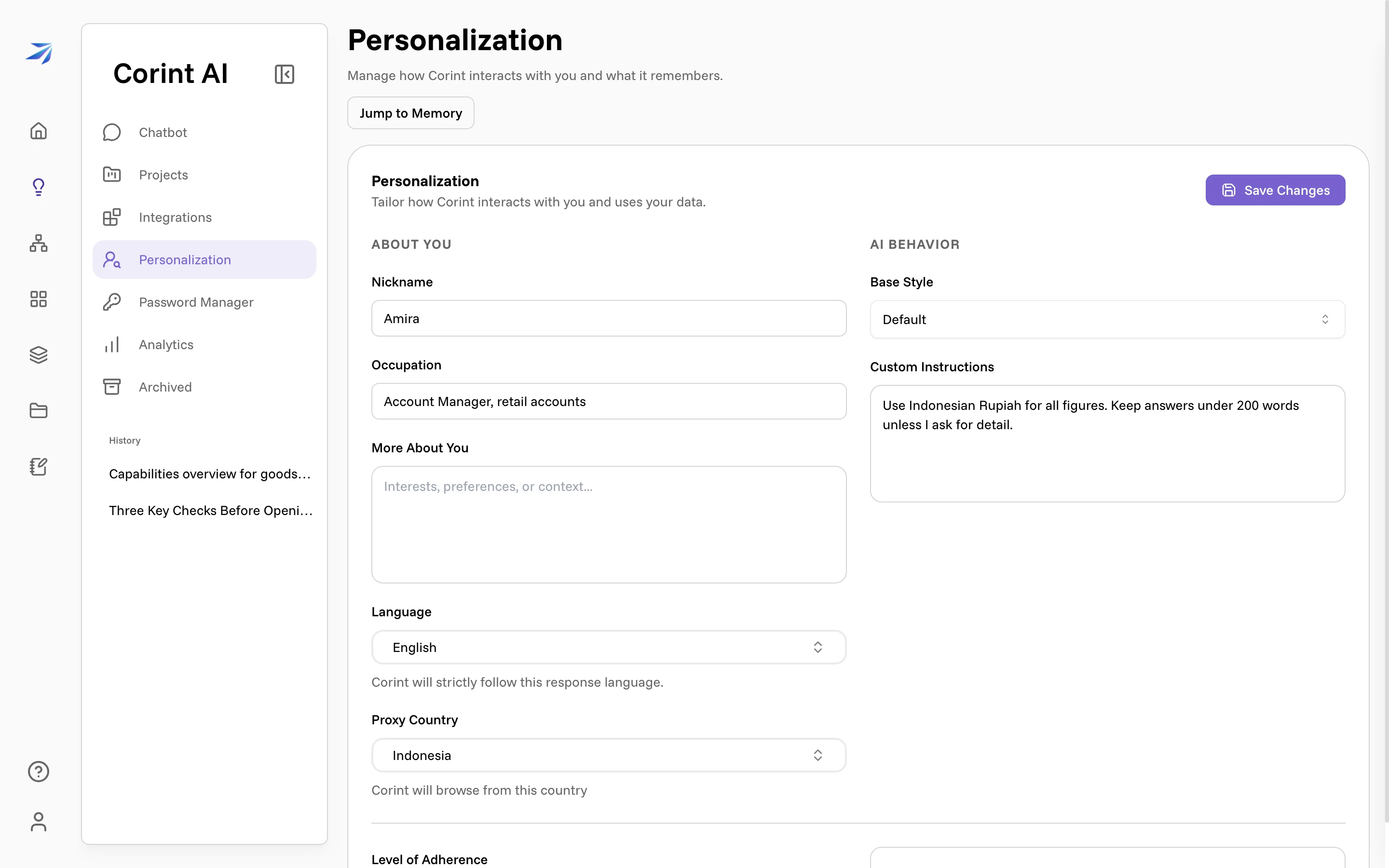The Personalization page with Nickname, Occupation, Language, and the AI Behavior column