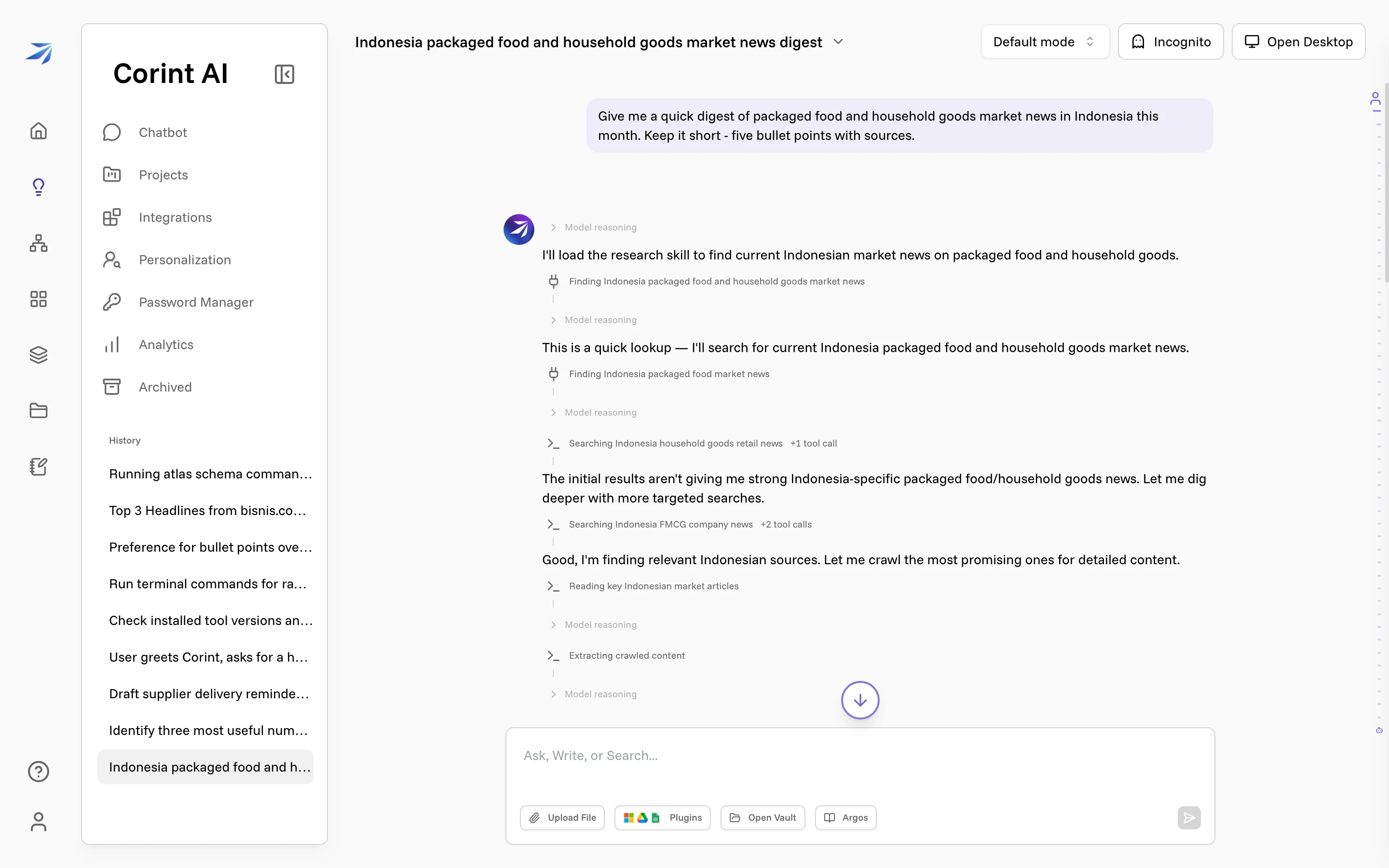 A question at the top of a chat, followed by Model reasoning sections and tool steps
