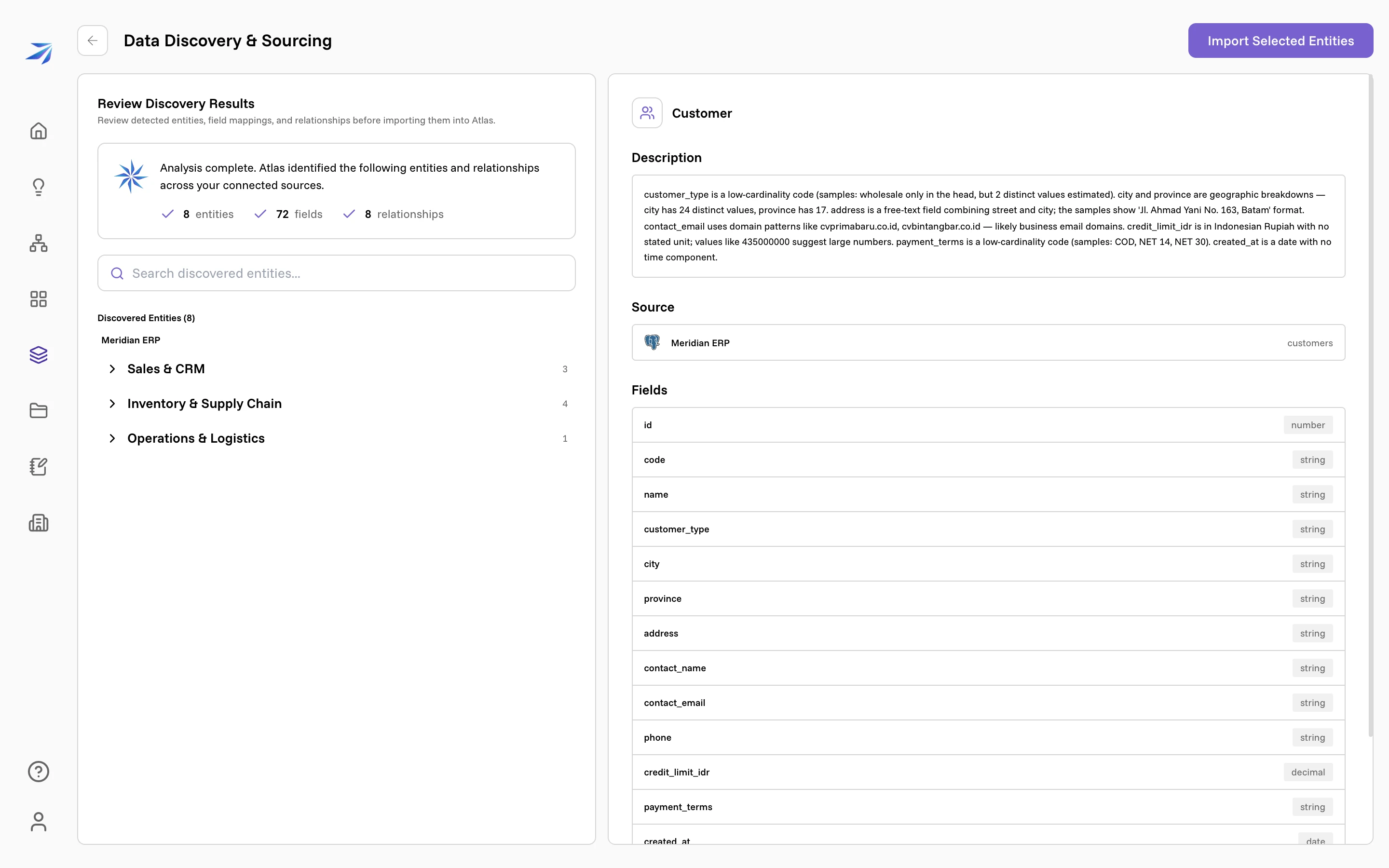 The review screen: 8 entities, 72 fields and 8 relationships found, with the Customer entity's description on the right