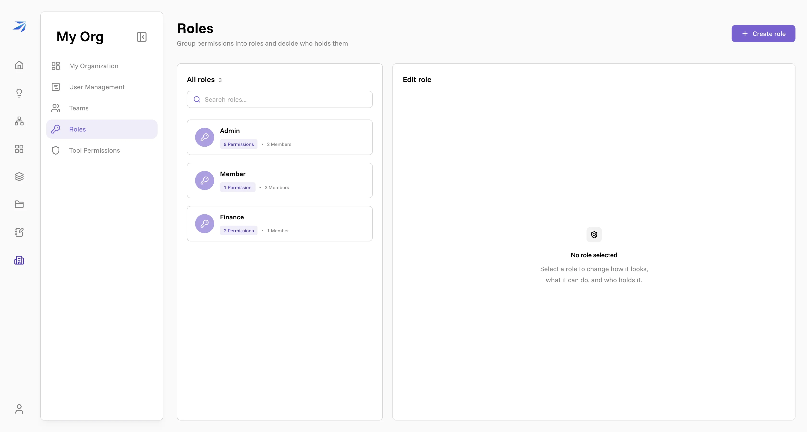 The Roles page with Admin, Member and Finance in the left panel and the editor waiting for a selection