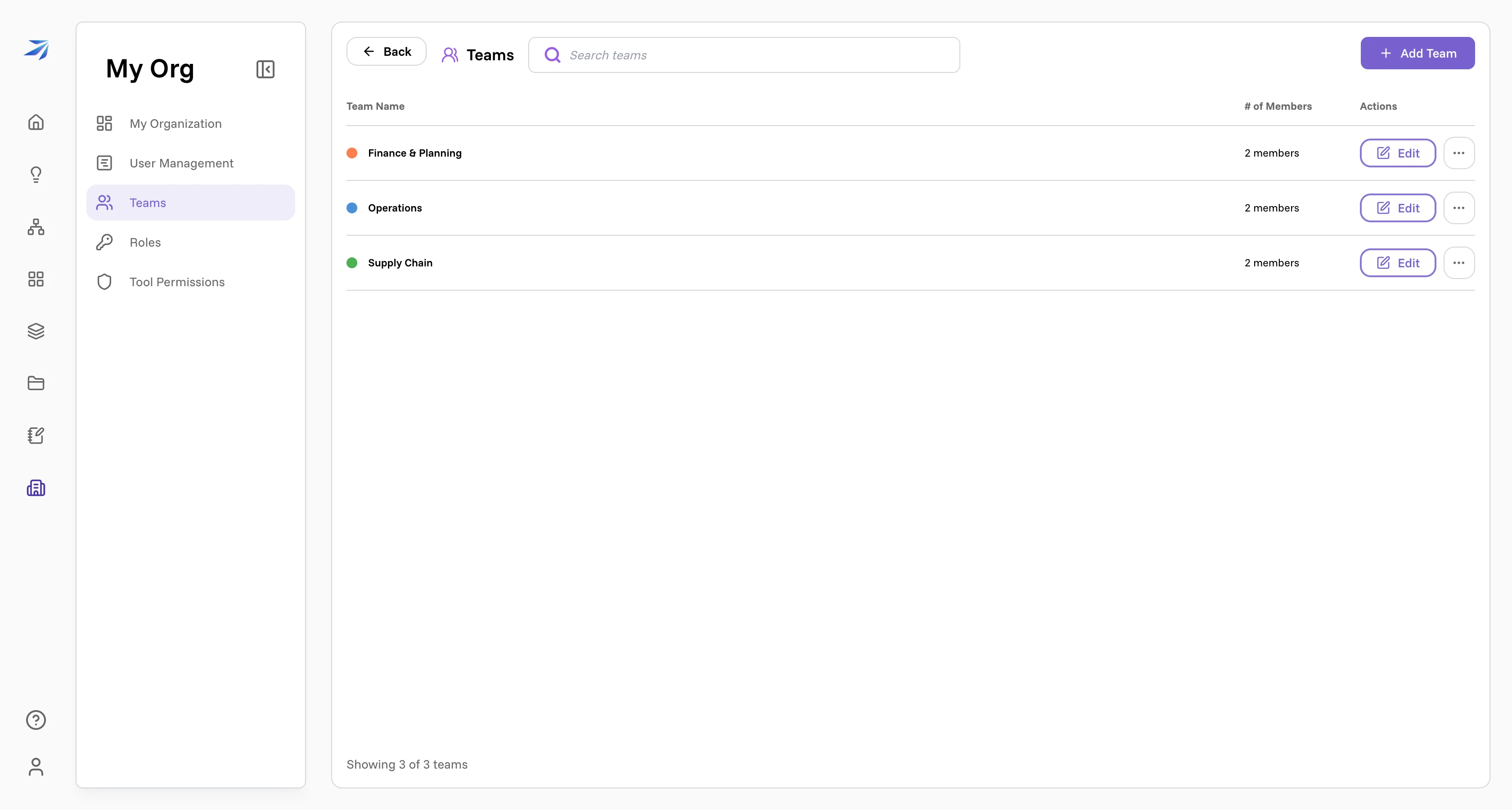 The Teams page listing three teams with member counts