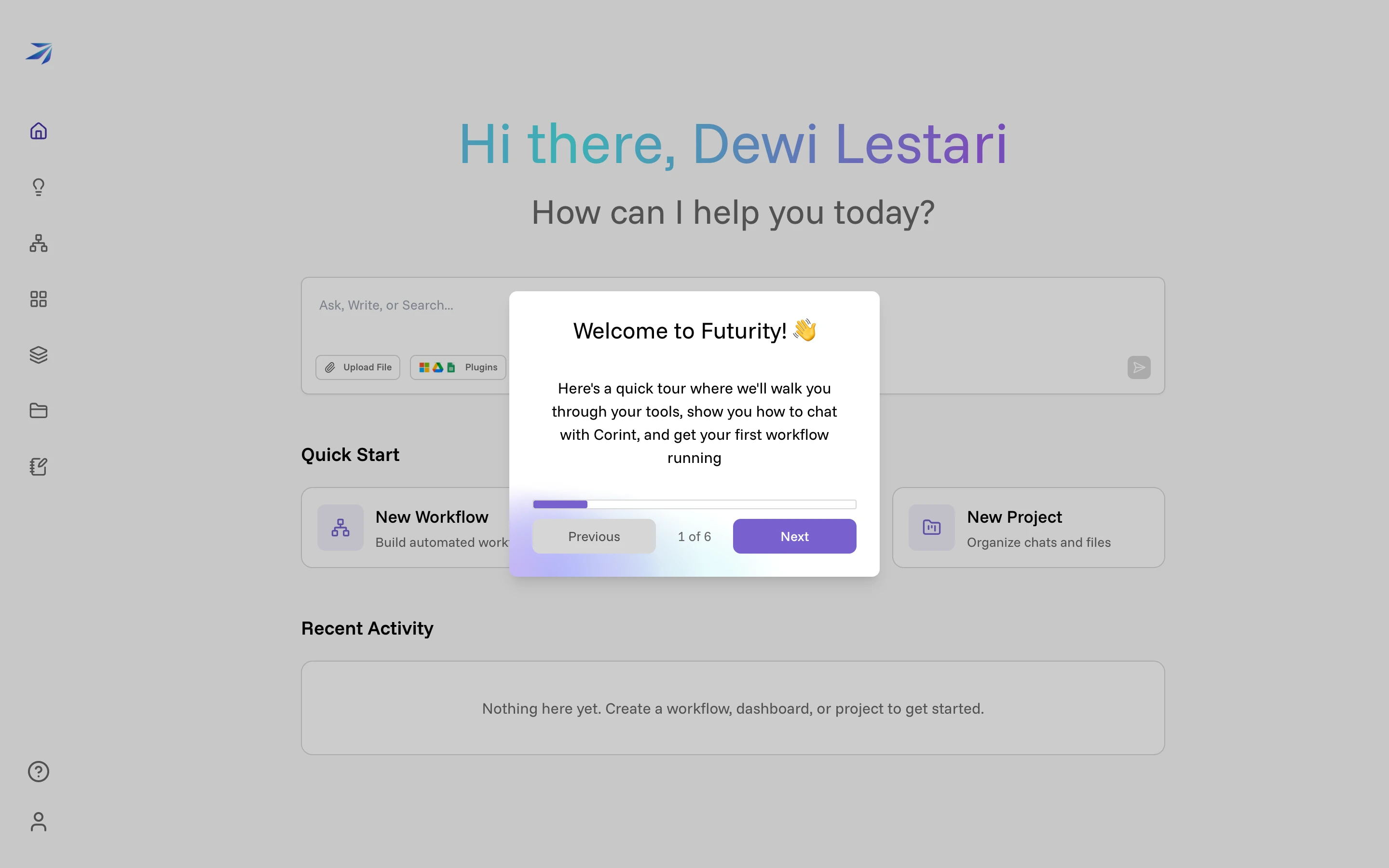 The home page on a first sign-in, with the Welcome to Futurity tour open