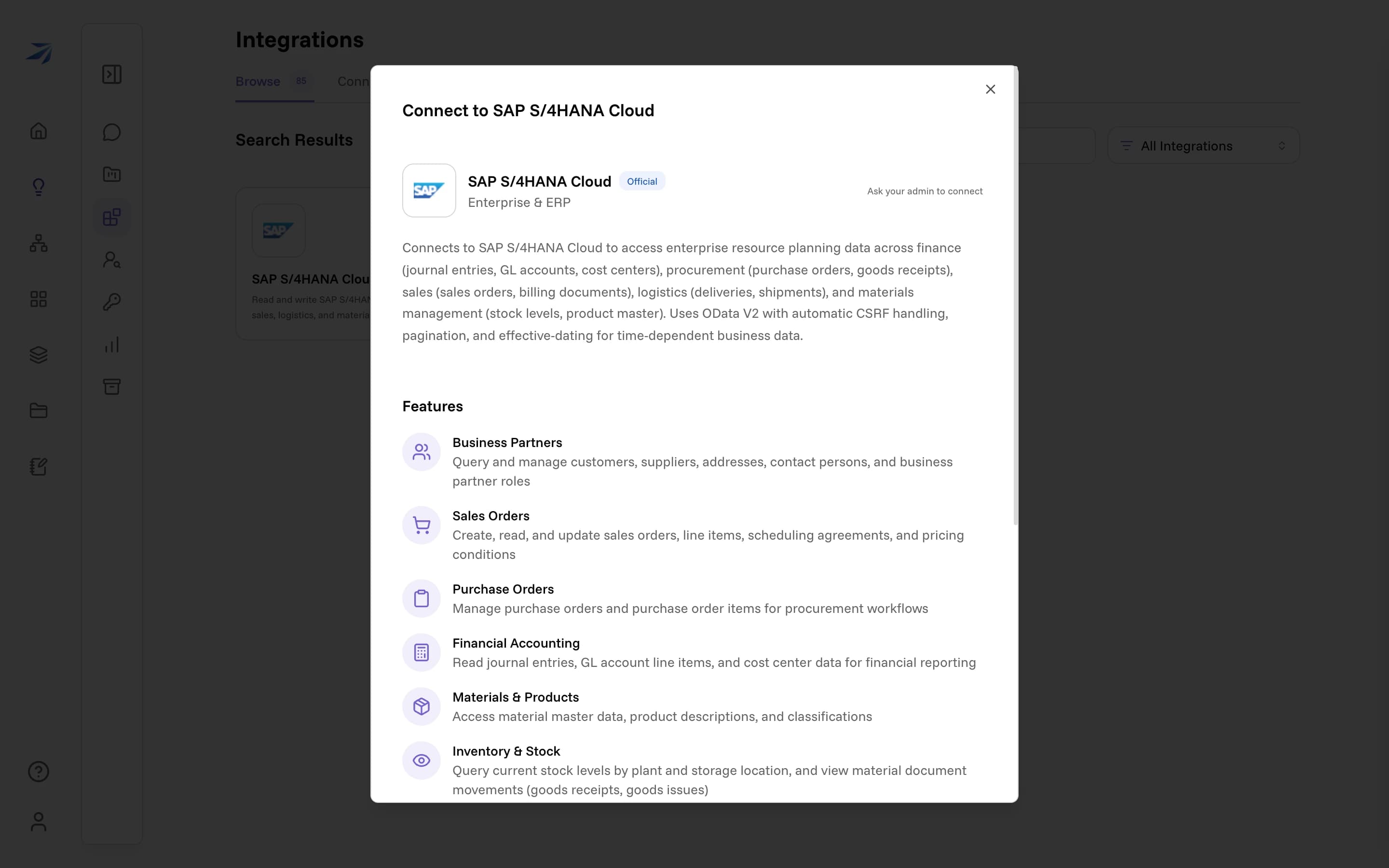 A member's view of the SAP S/4HANA Cloud card, reading "Ask your admin to connect" where the Connect button would be