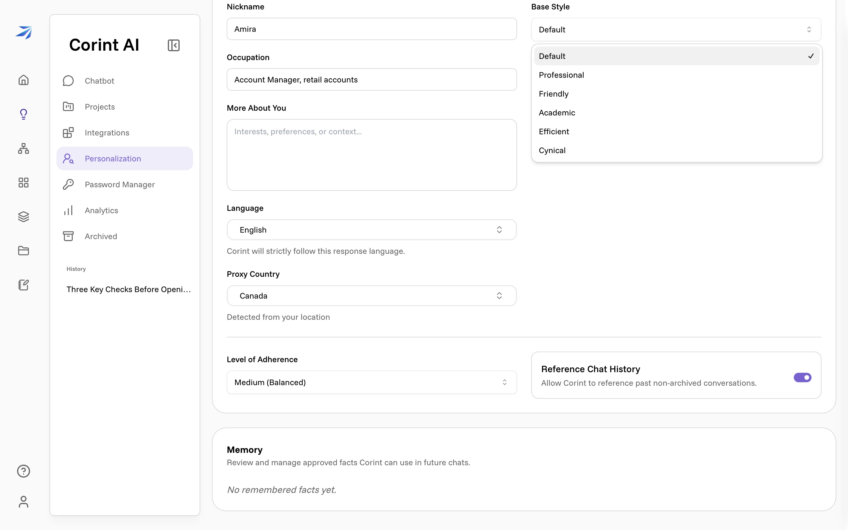 The Base Style dropdown open, with Level of Adherence and Reference Chat History below