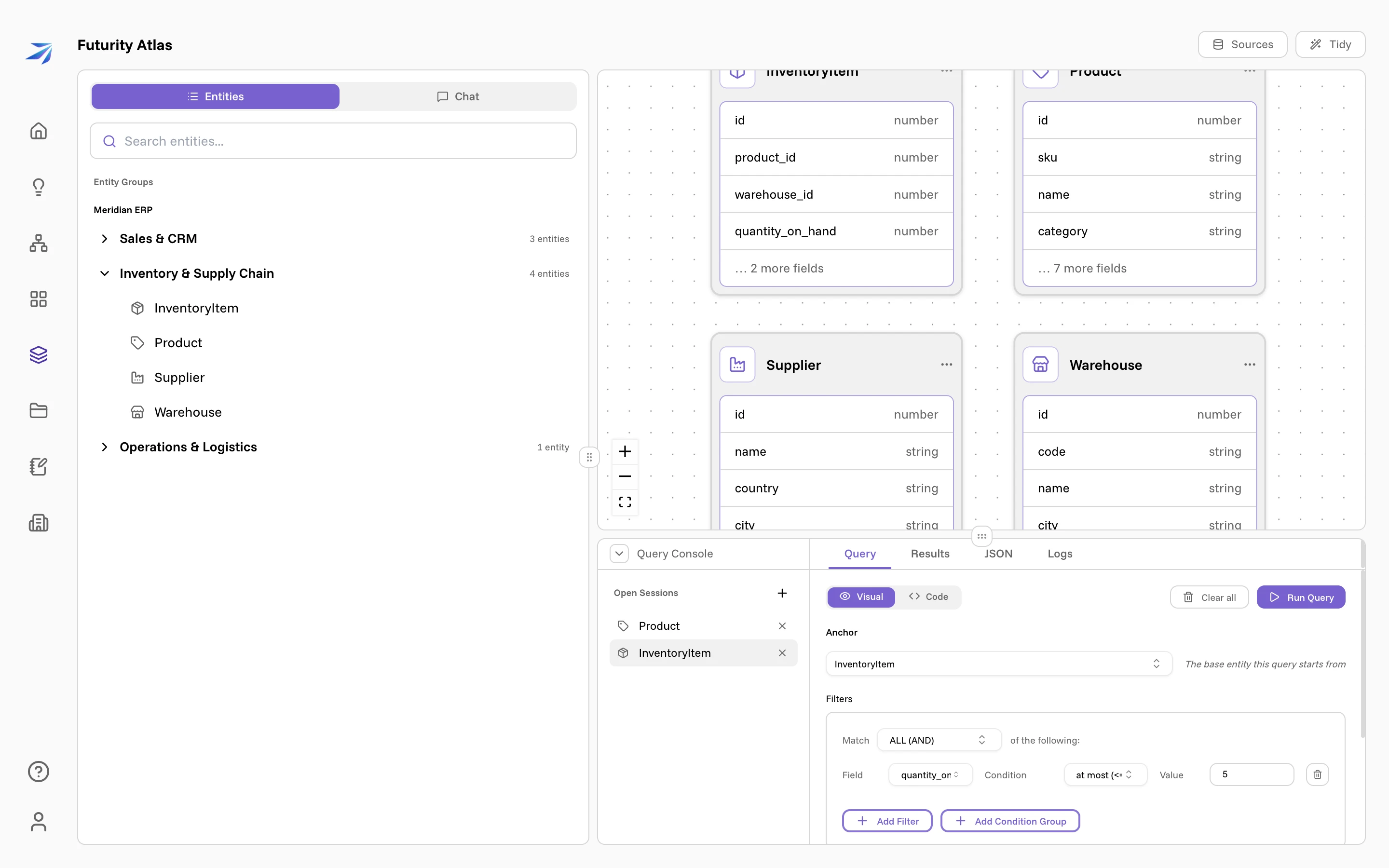 The query console with a filter on quantity_on_hand of at most 5, ready to run