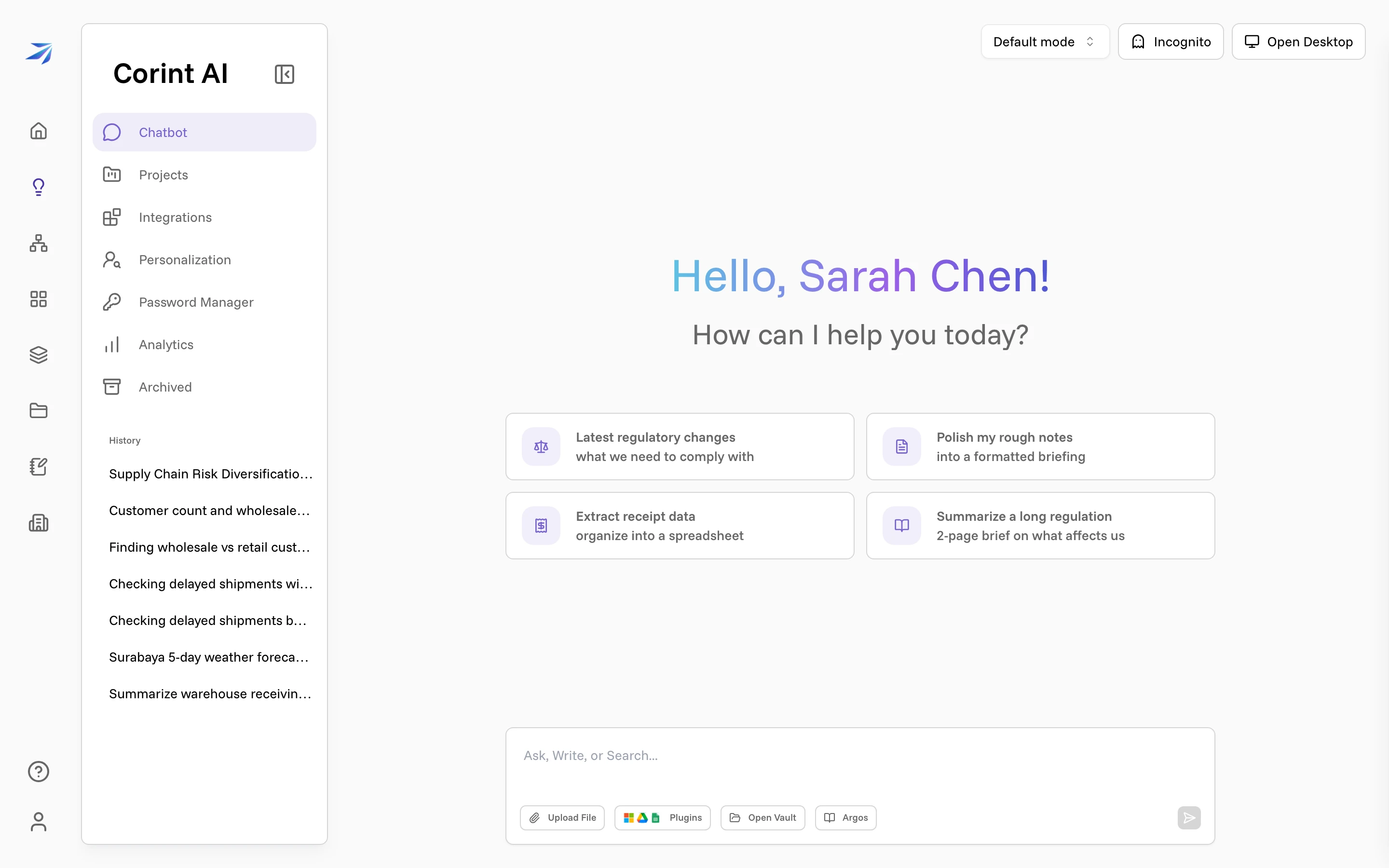 A new Corint conversation, with example prompts and the ask box