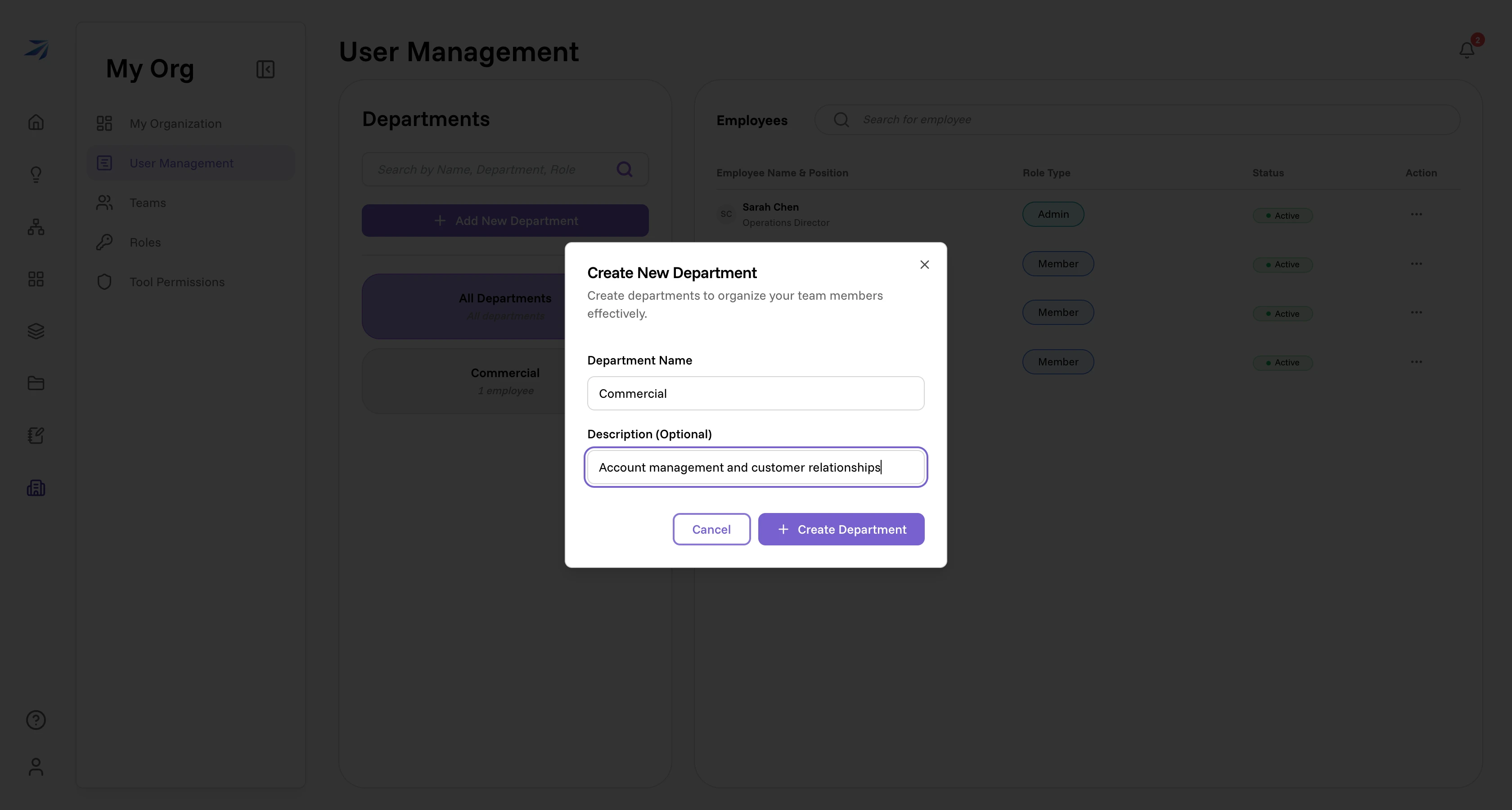 The Create New Department dialog with a name and description filled in