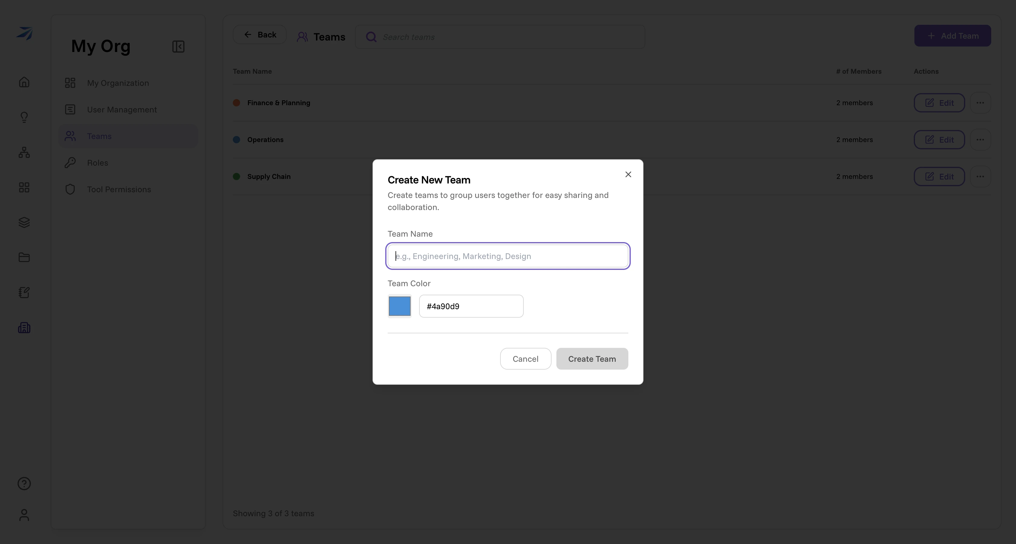 The Create New Team dialog asking for a team name and color