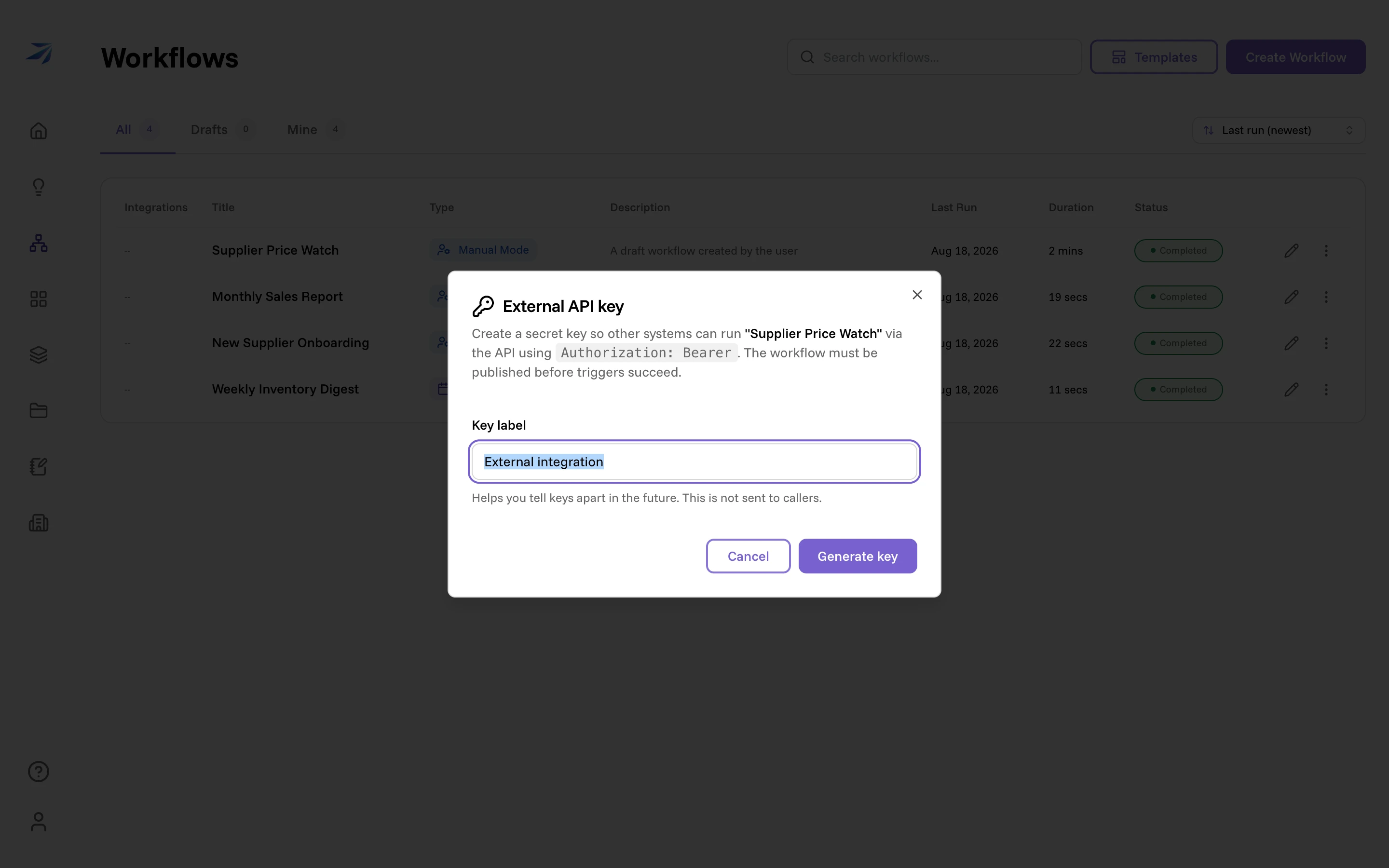 The External API key dialog, explaining Bearer authentication and asking for a key label