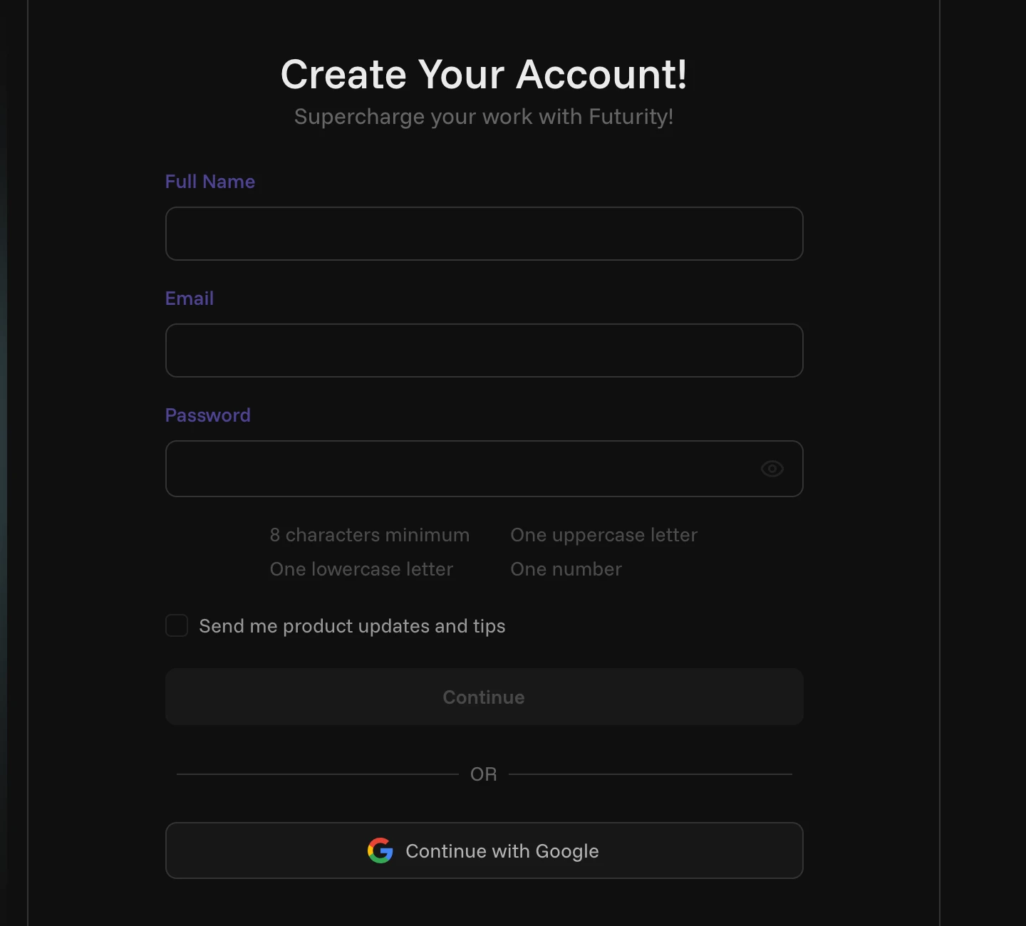 The signup page reached from an invite link, with fields for name, email, and password