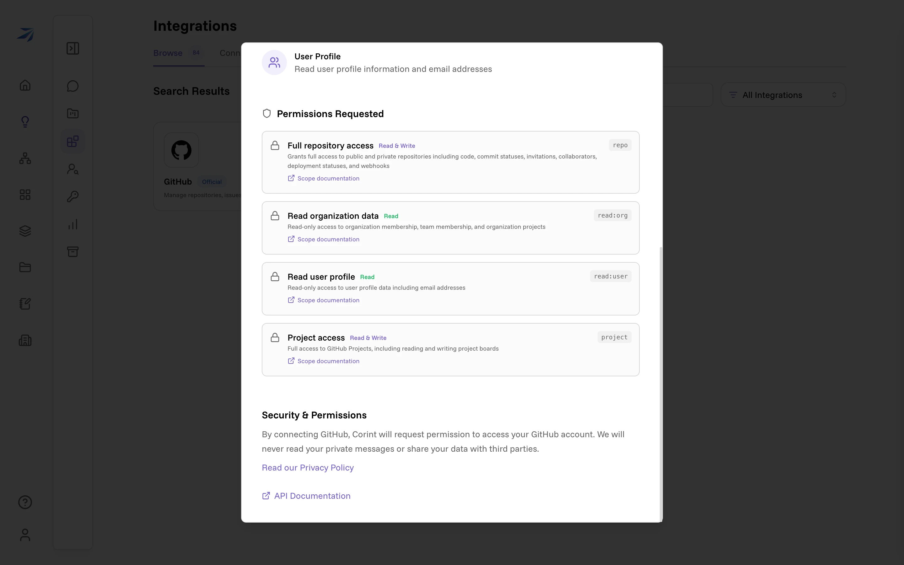 The Permissions Requested section, listing the repo, read:org, read:user, and project scopes with their access levels