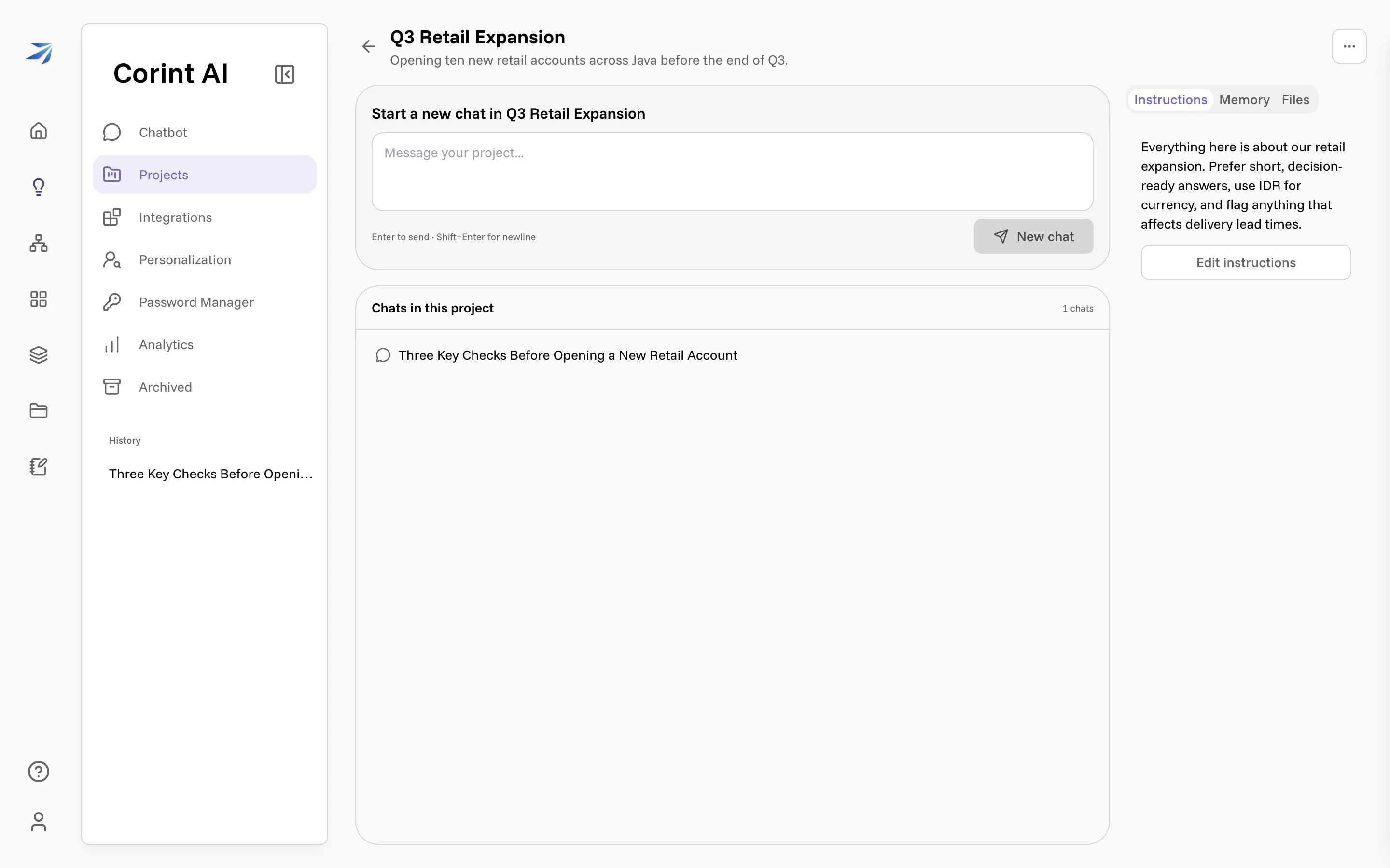 The Q3 Retail Expansion project page: its composer, one chat in the list, and the Instructions panel on the right