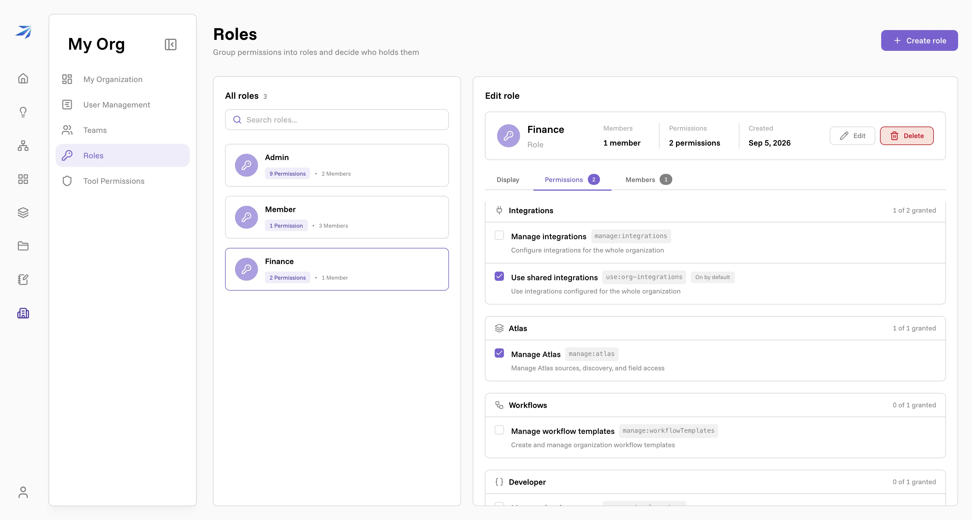 The Finance role's Permissions tab, scrolled to the Integrations and Atlas groups, with manage:atlas ticked