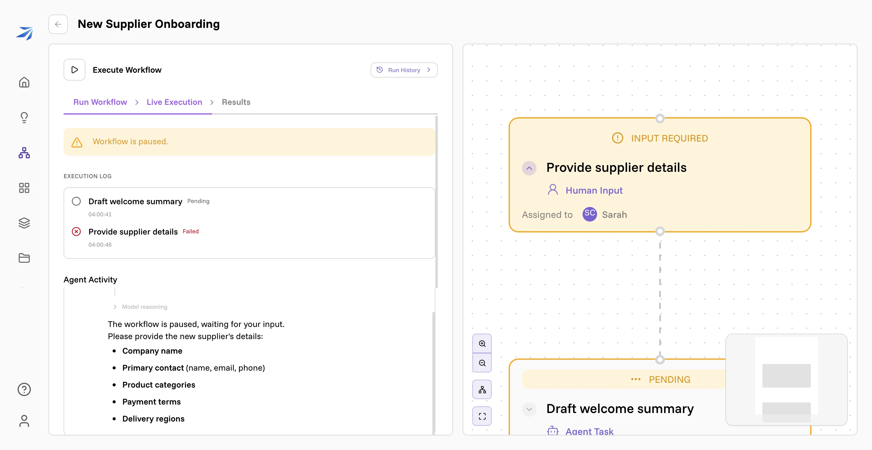 A paused run: the workflow-is-paused banner, the execution log, and the INPUT REQUIRED badge on the canvas node