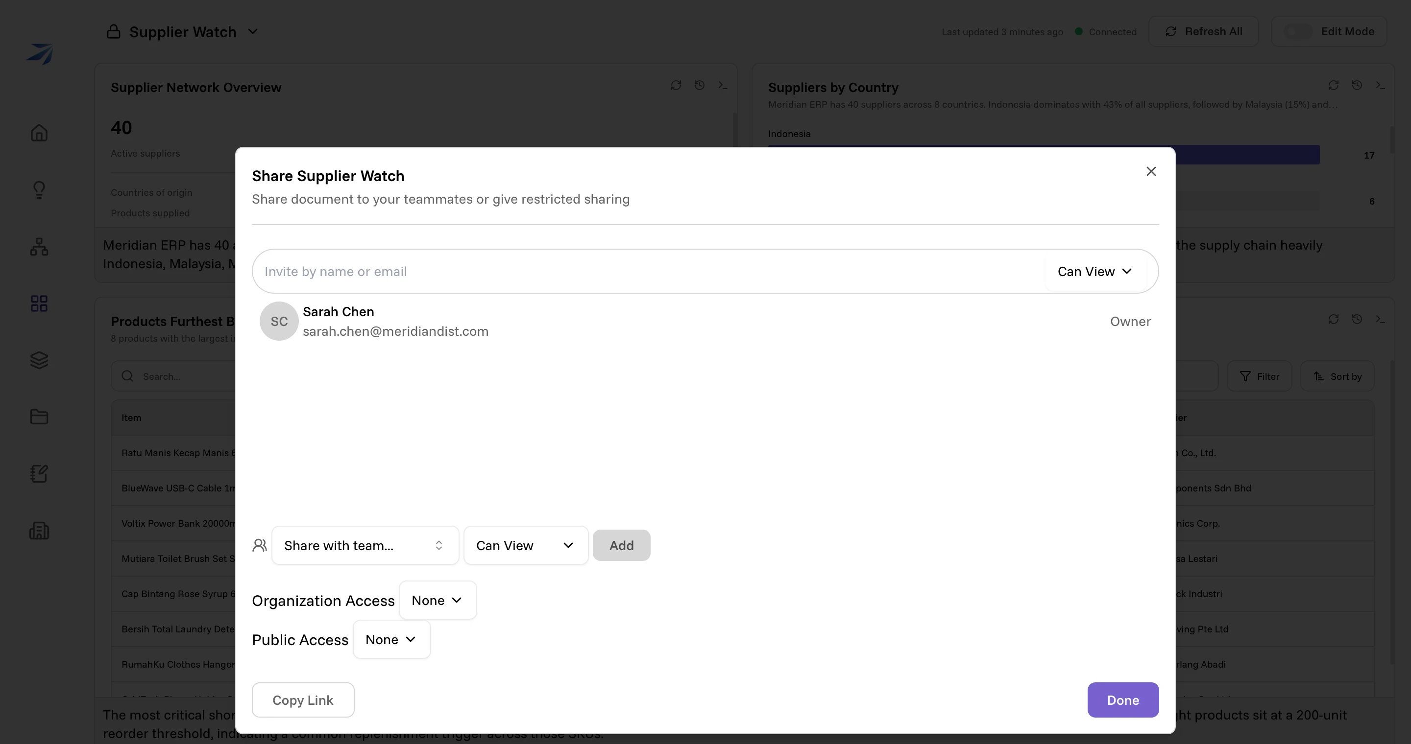 The Share dialog: an invite field, the owner, a team selector, Organization Access, Public Access, Copy Link, and Done